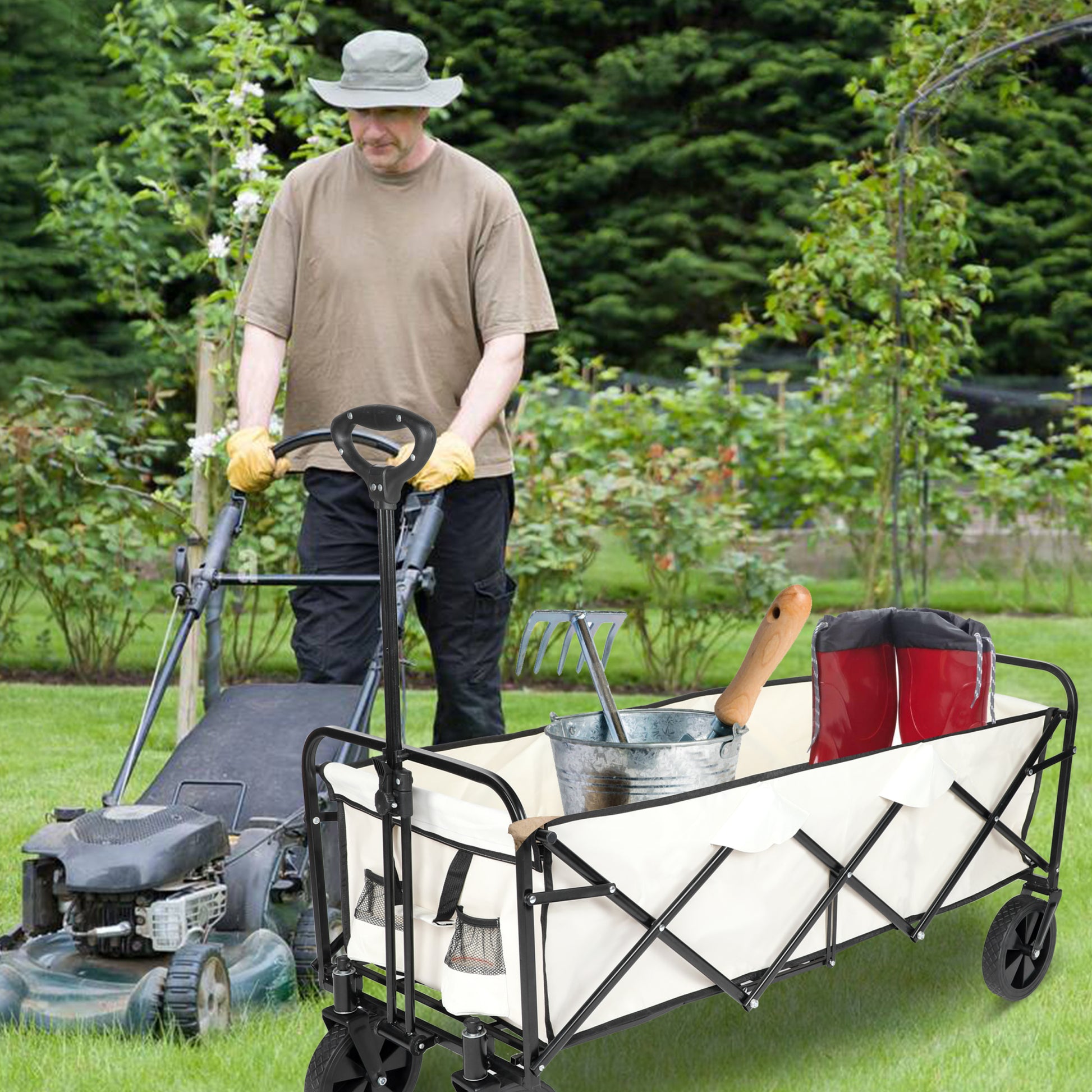 Yssoa Extended Folding Utility Wagon, 330Lbs Heavy Loaded Collapsible Garden Cart With Anti Slip Wheels, Adjustable Handle And Side Pockets, Large, White, X Large White Aluminium Alloy