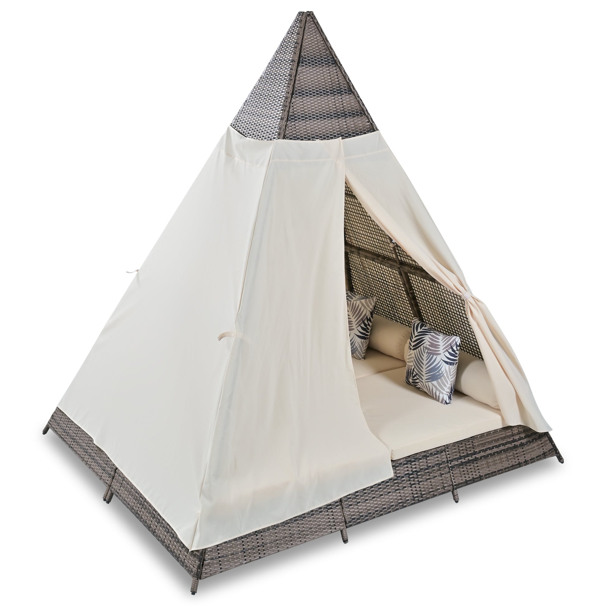 90.5" Length Outdoor Sunbed With Colorful Pillows, Wicker Patio Daybed With Cushions, Tent Shape, Brown And Beige Yes Beige Wicker