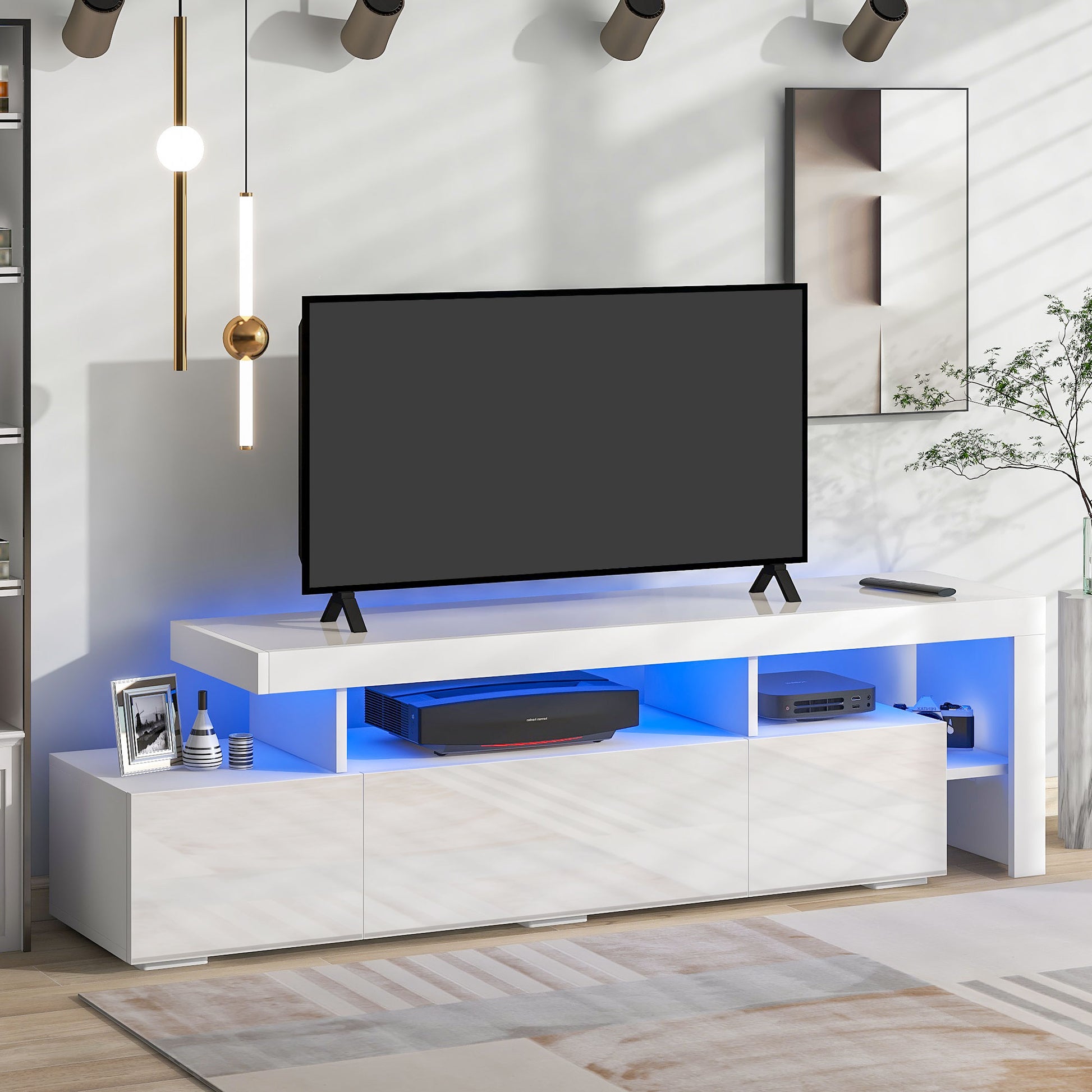 Modern Style 16 Colored Led Lights Tv Cabinet, Uv High Gloss Surface Entertainment Center With Dvd Shelf,Up To 70 Inch Tv, White White Particle Board