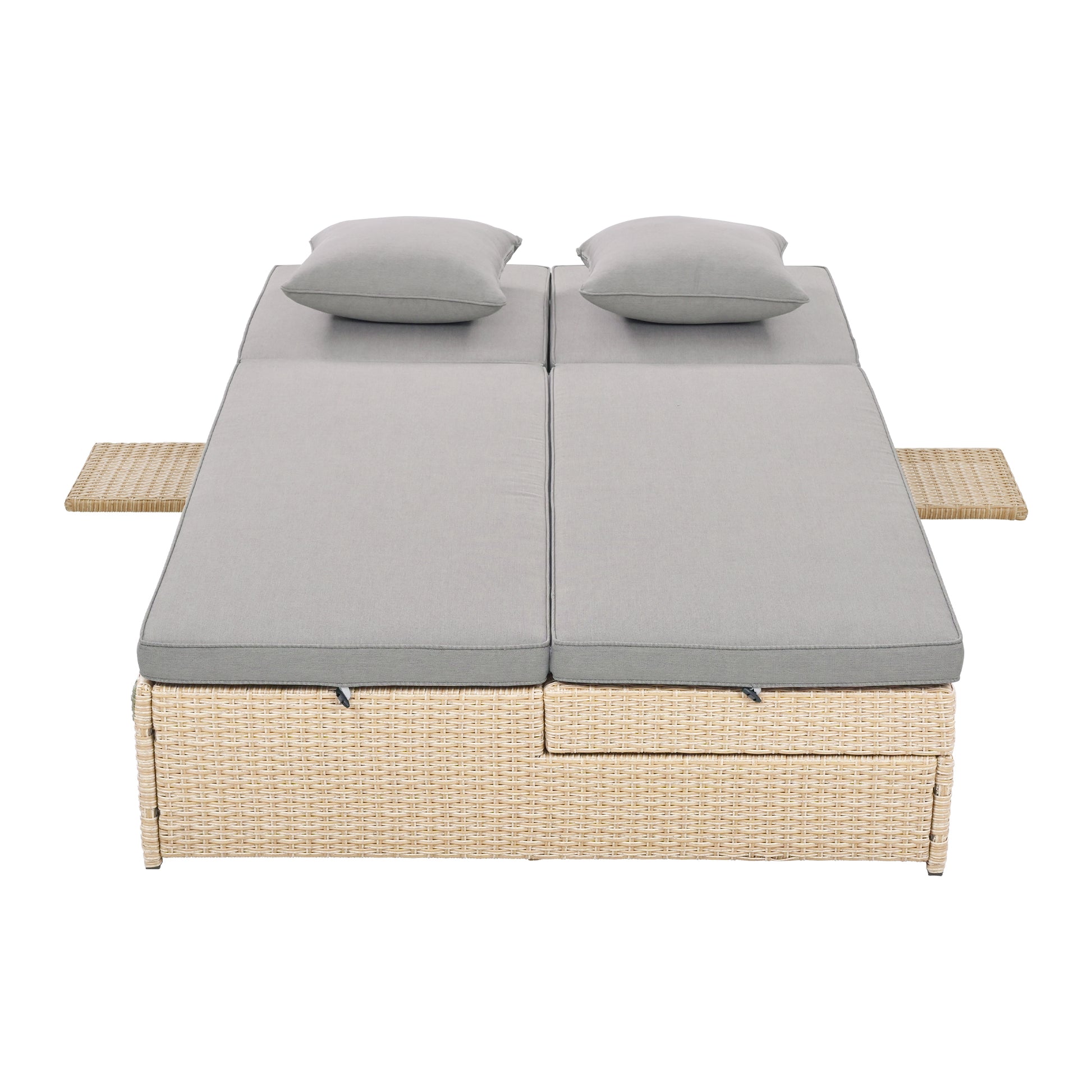 Outdoor Double Sunbed, Wicker Rattan Patio Reclining Chairs With Adjustable Backrest And Seat, Conversational Set For 2 Person, Brown Yes Complete Patio Set Brown Water Resistant Frame Water Resistant Cushion Garden & Outdoor Casual Complete Patio Sets