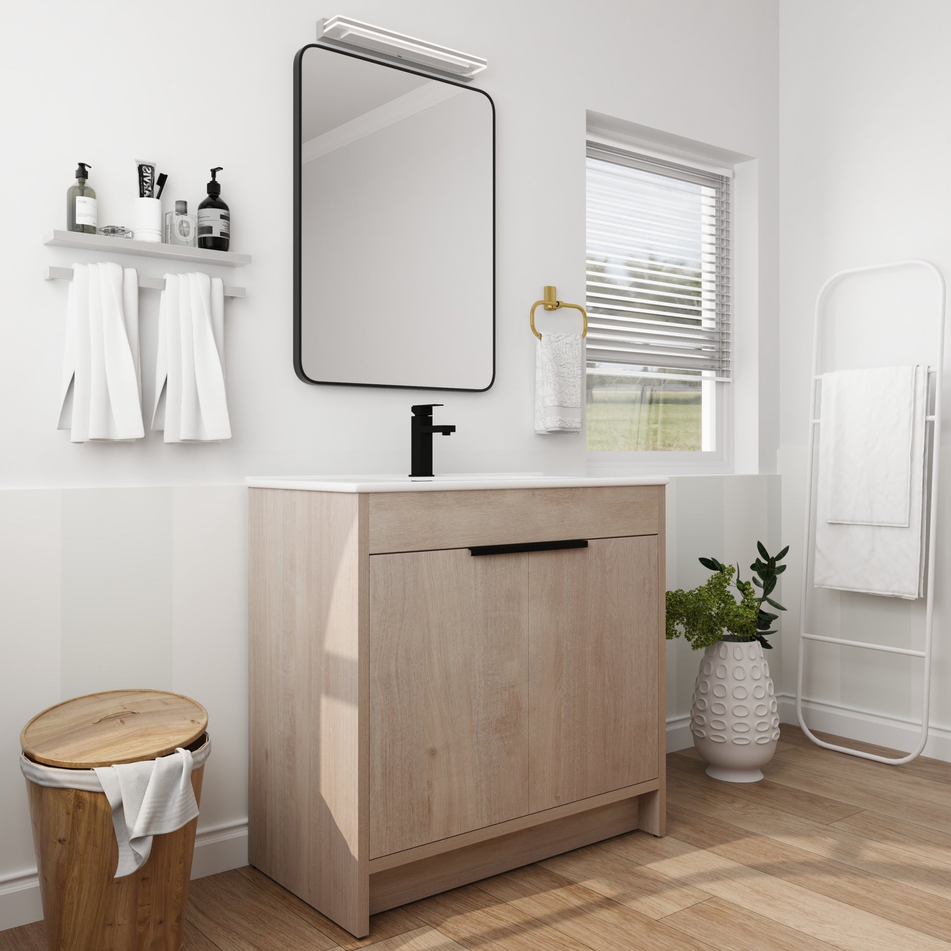 36 Inch Freestanding Bathroom Vanity With White Ceramic Sink & 2 Soft Close Cabinet Doors Bvb02436Plo F Bl9090B ,W1286S00063 Plain Light Oak 2 Bathroom Freestanding Modern Plywood