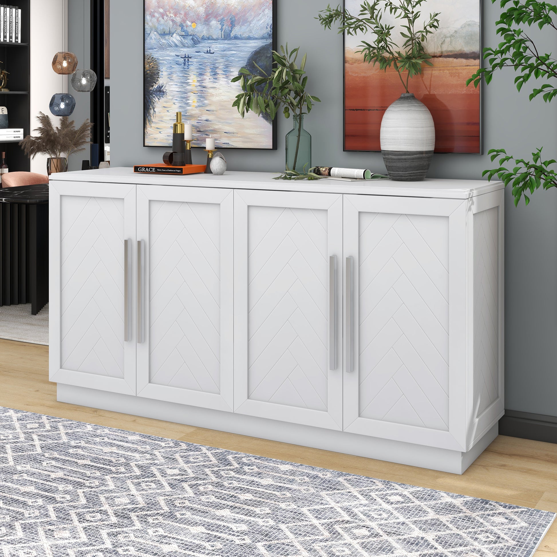 Sideboard With 4 Doors Large Storage Space Buffet Cabinet With Adjustable Shelves And Silver Handles For Kitchen, Dining Room, Living Room White White Solid Wood Mdf