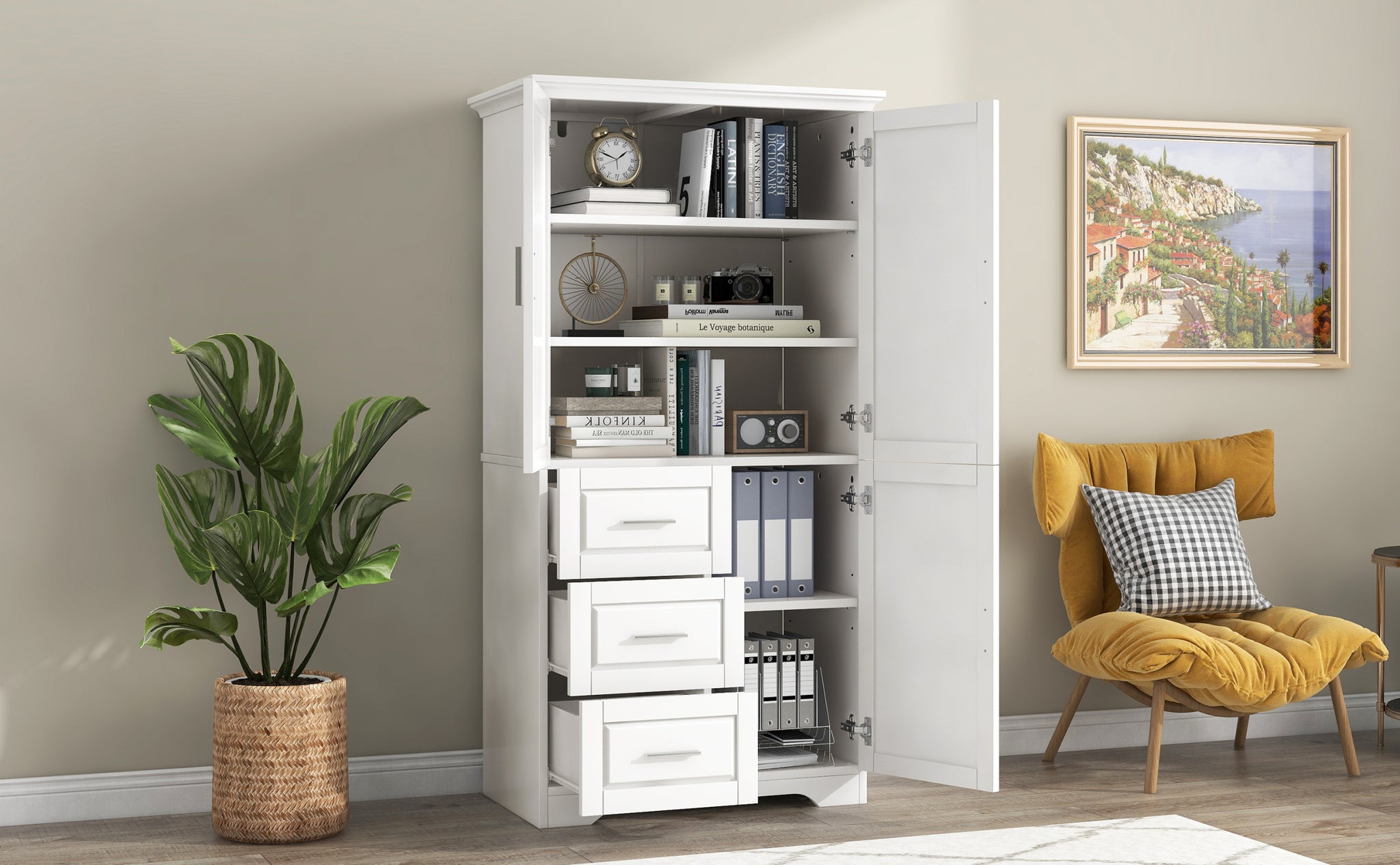 Tall and Wide Storage Cabinet with Doors for Bathroom white-mdf