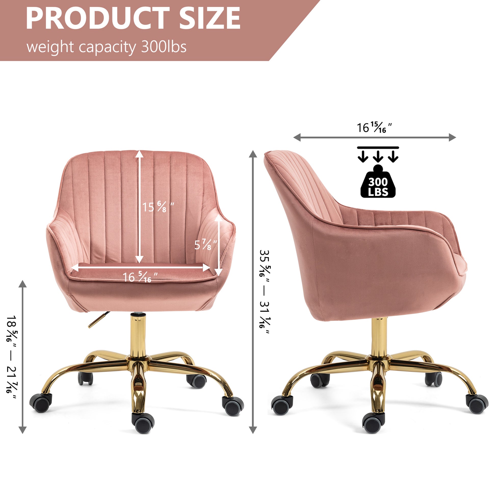 360 Pink Velvet Swivel Chair With High Back, Adjustable Working Chair With Golden Color Base Pink Velvet