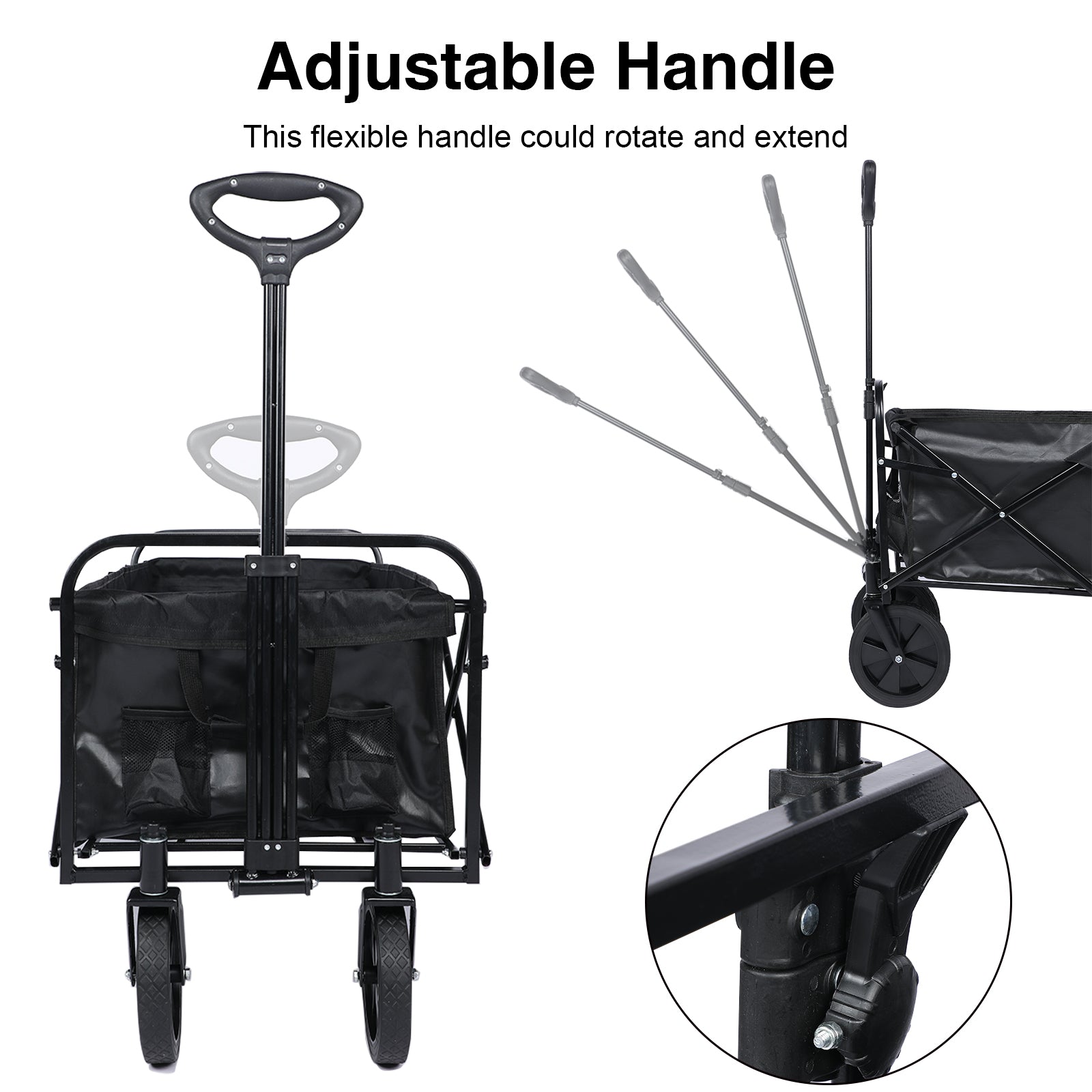 Yssoa Heavy Duty Folding Portable Hand Cart With Removable Canopy, 8'' Wheels, Adjustable Handles And Double Fabric For Shopping, Picnic, Beach, Camping Black Aluminium Alloy