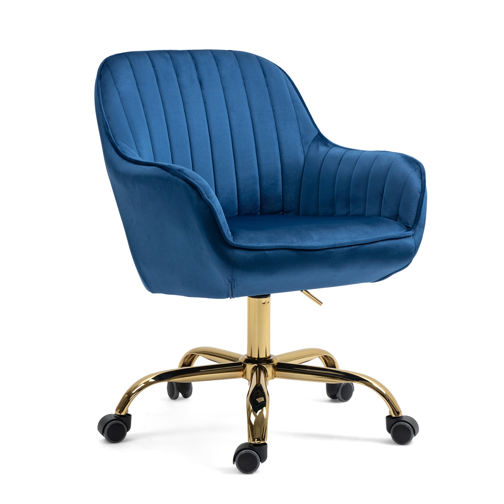 360 Dark Blue Velvet Swivel Chair With High Back, Adjustable Working Chair With Golden Color Base Dark Blue Velvet