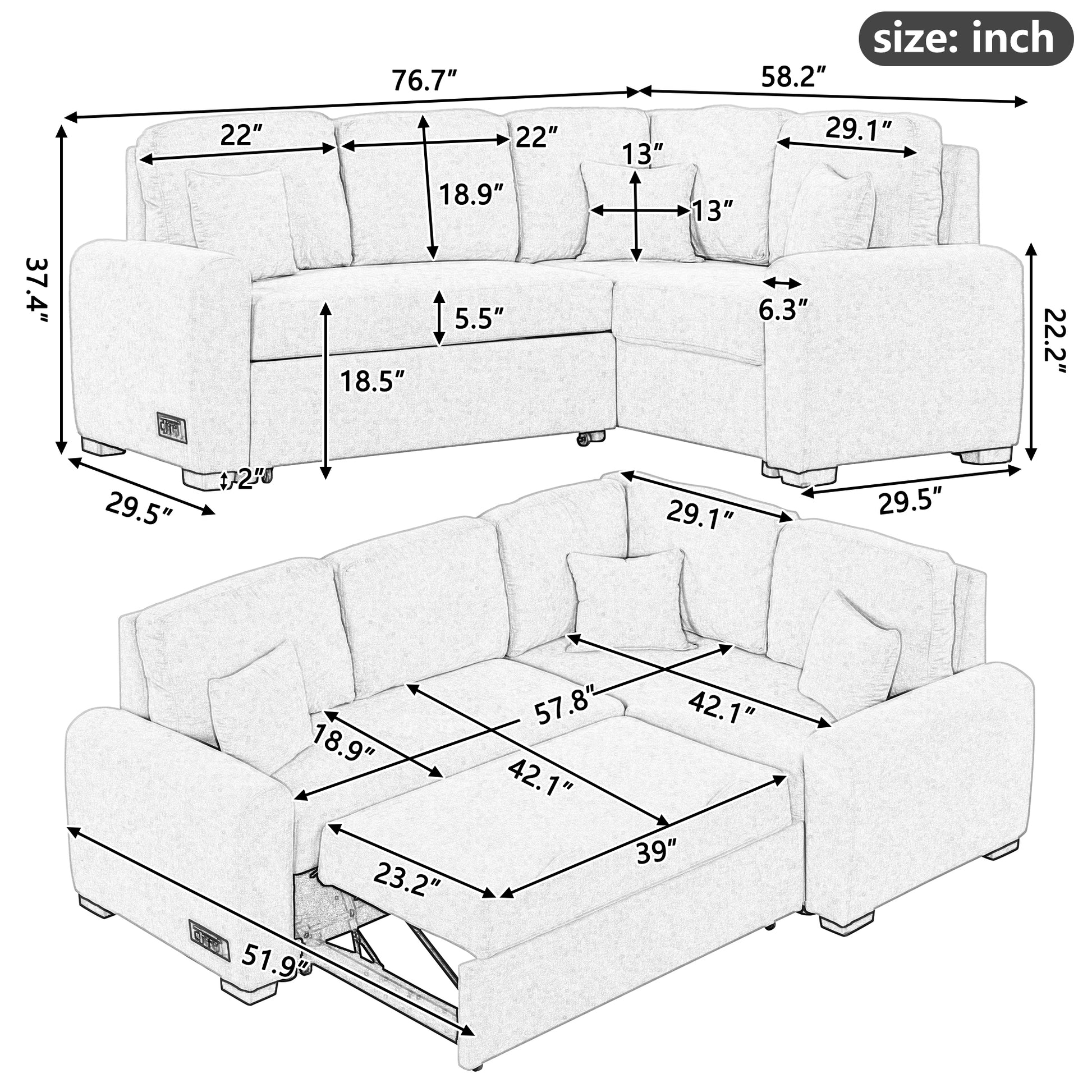 76.7"Sectional Sleeper Sofa With Usb Charging Port And Plug Outlet,Pull Out Sofa Bed With 3 Pillows, L Shape Chaise For Living Room Small Apartment,Grey Grey Foam Velvet 3 Seat