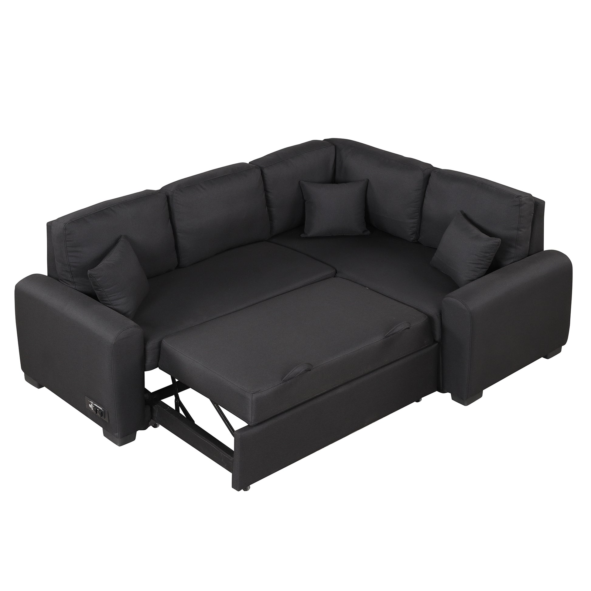 87.4"Sectional Sleeper Sofa with USB Charging Port and black-foam-linen