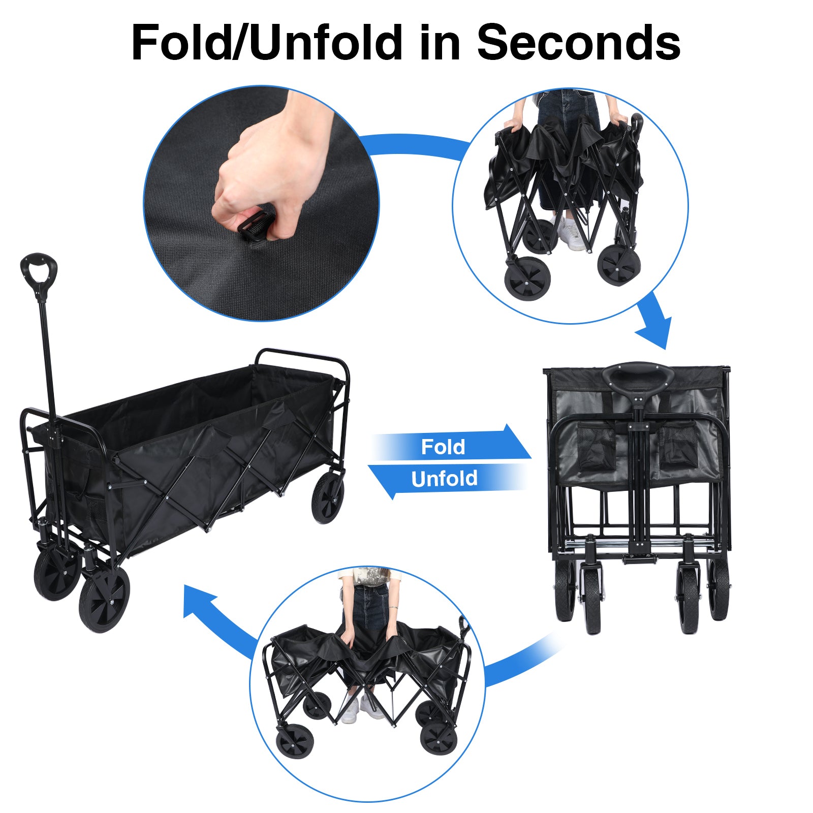 Yssoa Heavy Duty Folding Portable Hand Cart With Removable Canopy, 8'' Wheels, Adjustable Handles And Double Fabric For Shopping, Picnic, Beach, Camping Black Aluminium Alloy