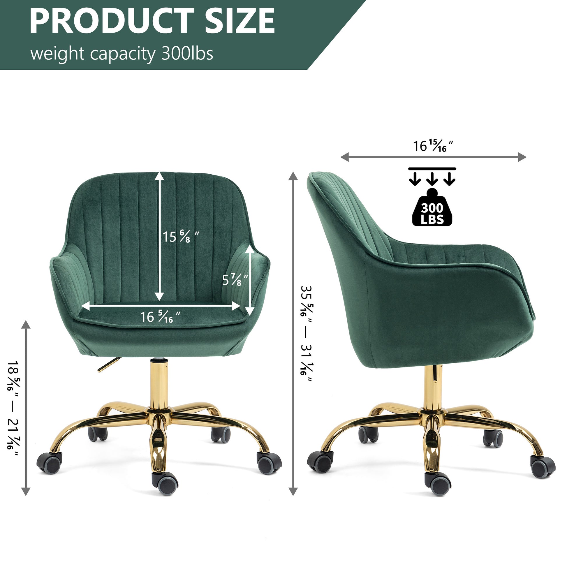 360 Green Velvet Swivel Chair With High Back, Adjustable Working Chair With Golden Color Base Green Velvet