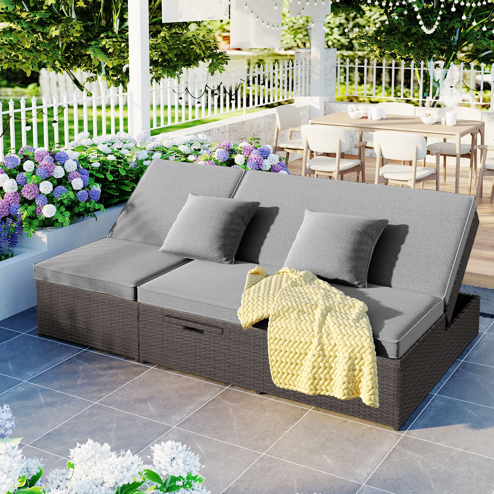 Outdoor Double Sunbed, Wicker Rattan Patio Reclining Chairs With Adjustable Backrest And Seat, Conversational Set For 2 Person, Gray Yes Complete Patio Set Gray Water Resistant Frame Water Resistant Cushion Garden & Outdoor Casual Sofa Seating Groups