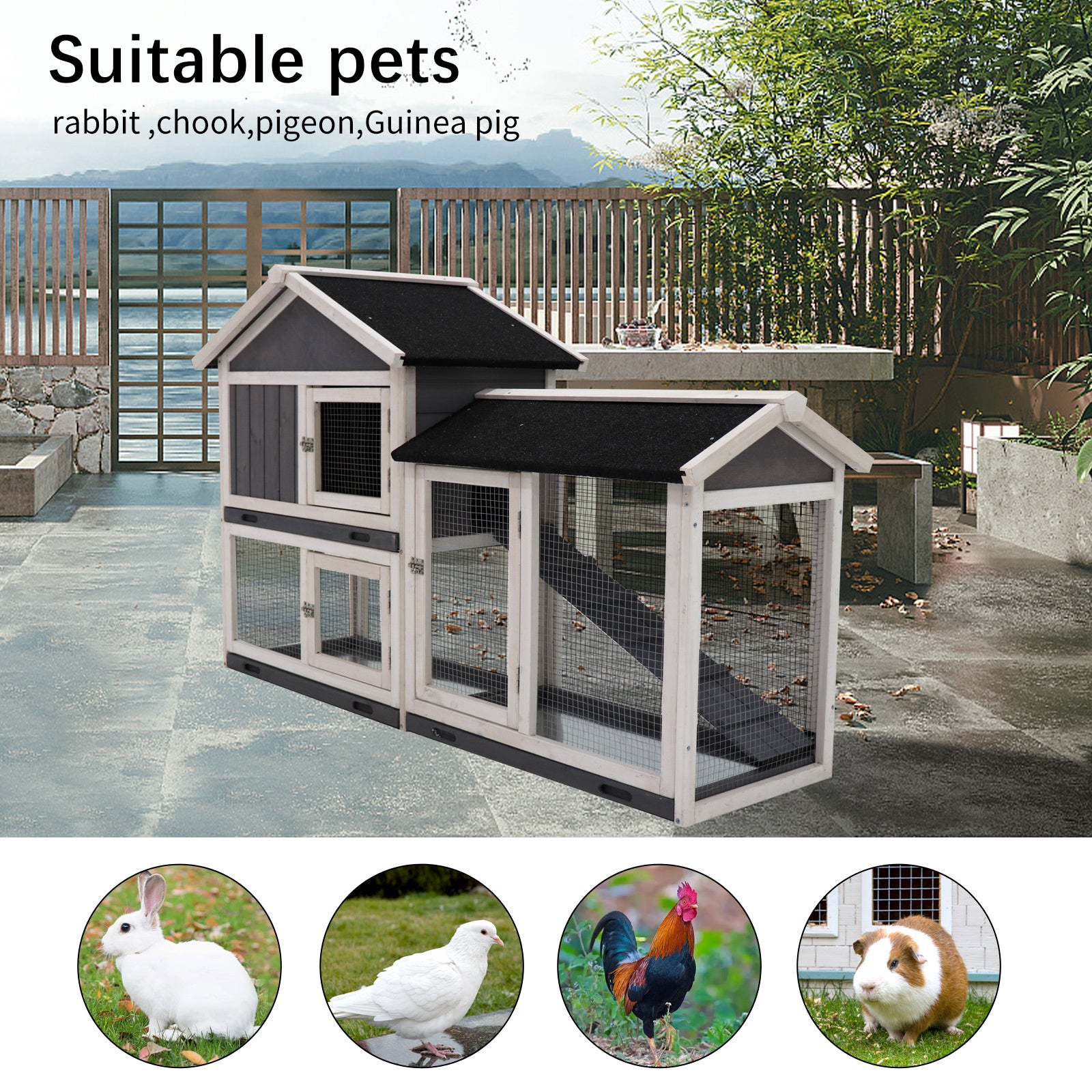 Rabbit Hutch, Indoor Bunny Cage, Outdoor Rabbit Cages With Run, Pet House With Deeper No Leak Tray, Uv Panel, Removable Bottom Wire Mesh For Small Animals Grey Solid Wood