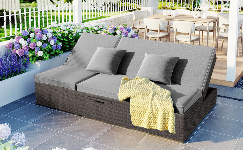 Outdoor Double Sunbed, Wicker Rattan Patio Reclining Chairs With Adjustable Backrest And Seat, Conversational Set For 2 Person, Gray Yes Complete Patio Set Gray Water Resistant Frame Water Resistant Cushion Garden & Outdoor Casual Sofa Seating Groups
