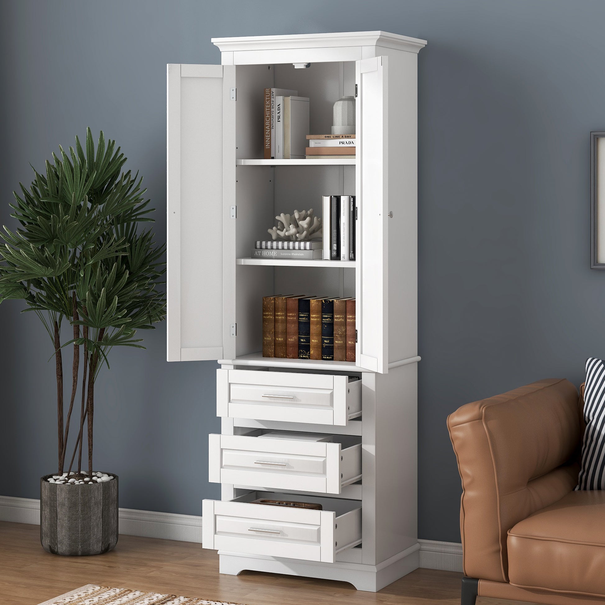 Tall Storage Cabinet With Three Drawers For Bathroom Office, White White Mdf