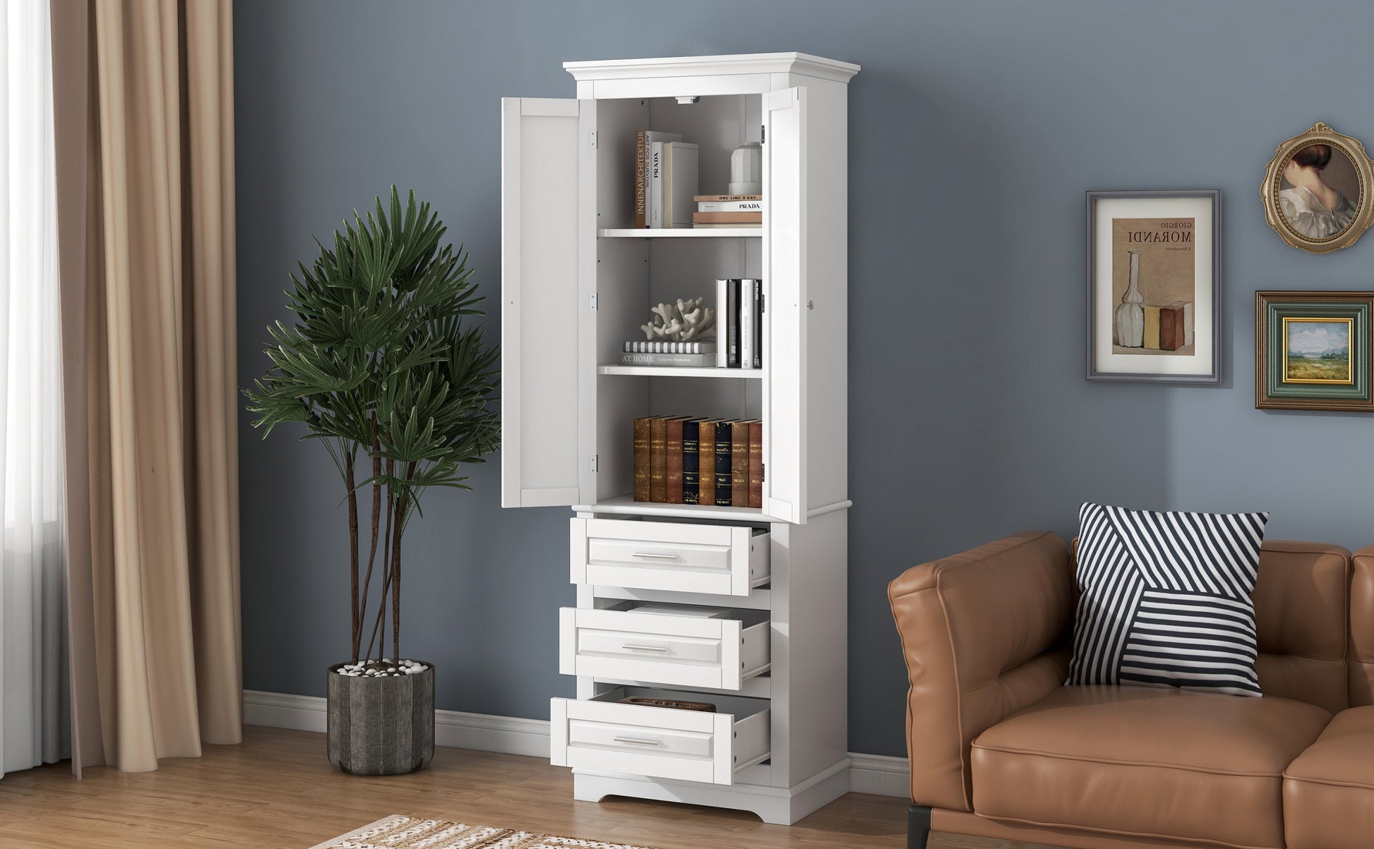 Tall Storage Cabinet With Three Drawers For Bathroom Office, White White Mdf