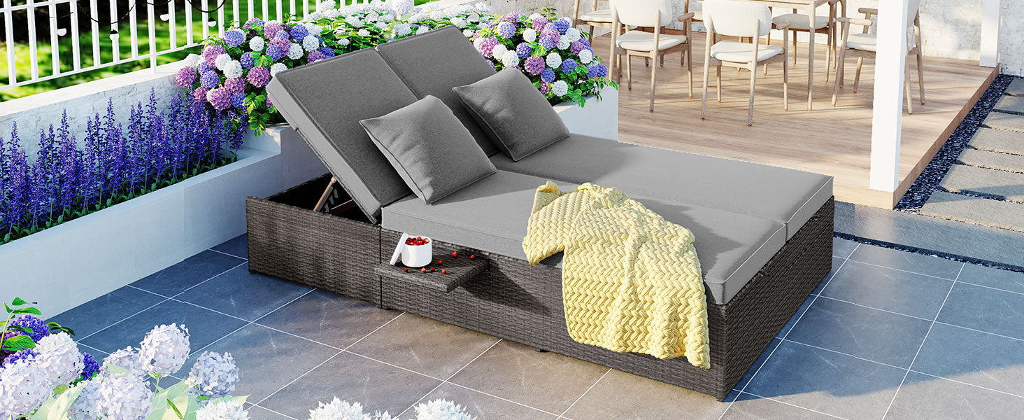 Outdoor Double Sunbed, Wicker Rattan Patio Reclining Chairs With Adjustable Backrest And Seat, Conversational Set For 2 Person, Gray Yes Complete Patio Set Gray Water Resistant Frame Water Resistant Cushion Garden & Outdoor Casual Sofa Seating Groups