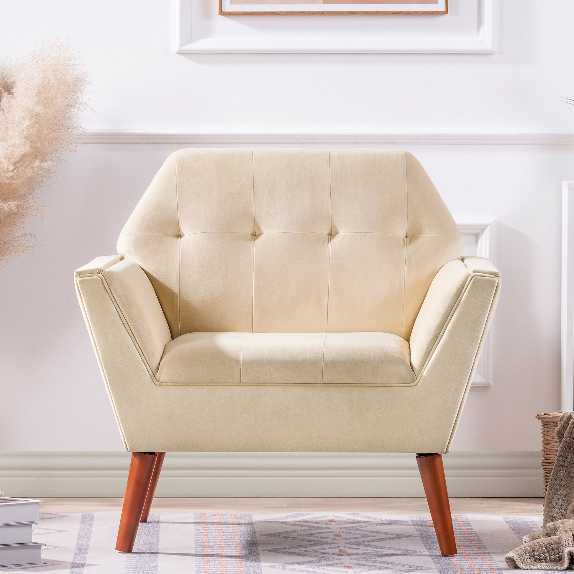 32" Wide Tufted Armchair Beige Fabric Polyester