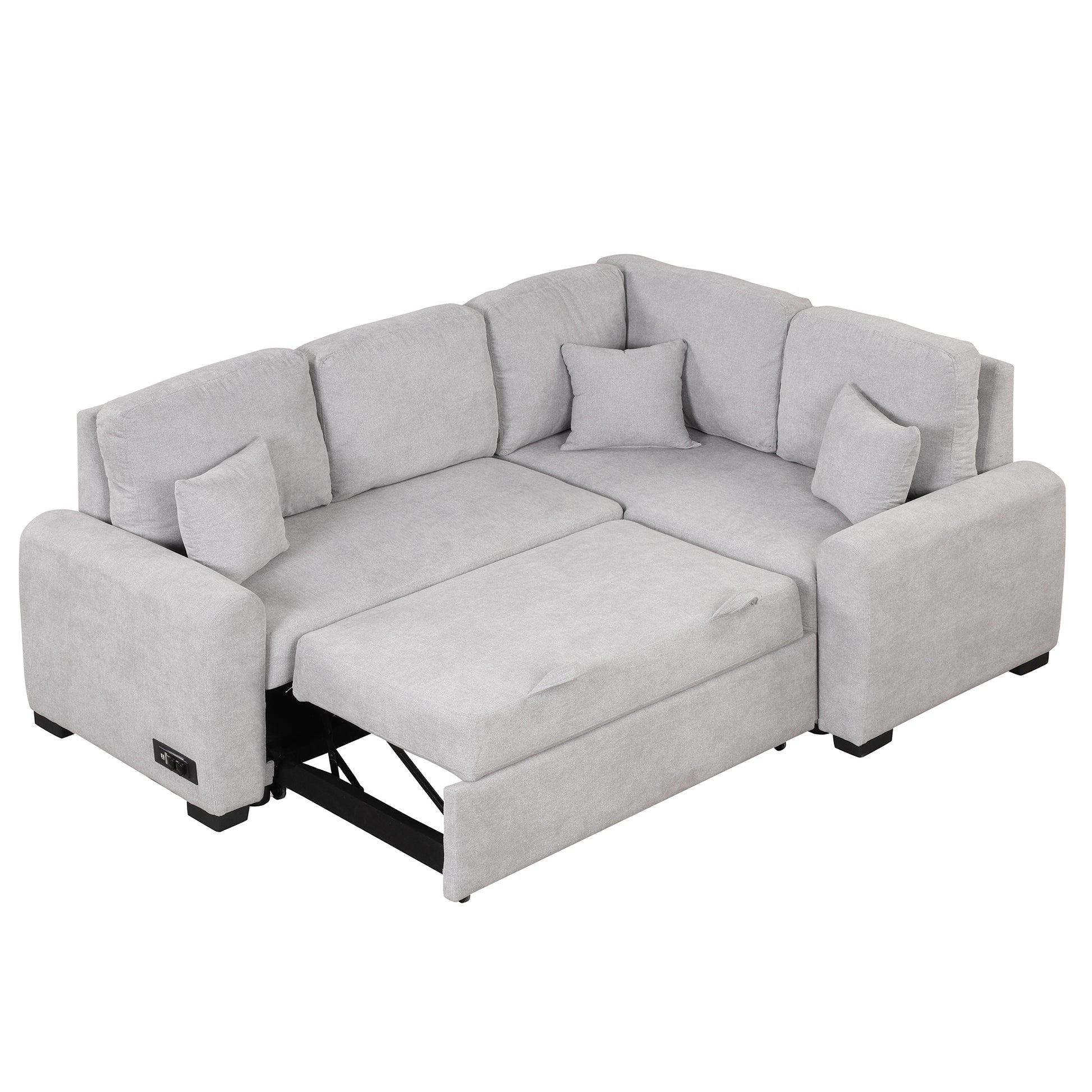 76.7"Sectional Sleeper Sofa With Usb Charging Port And Plug Outlet,Pull Out Sofa Bed With 3 Pillows, L Shape Chaise For Living Room Small Apartment,Grey Grey Foam Velvet 3 Seat