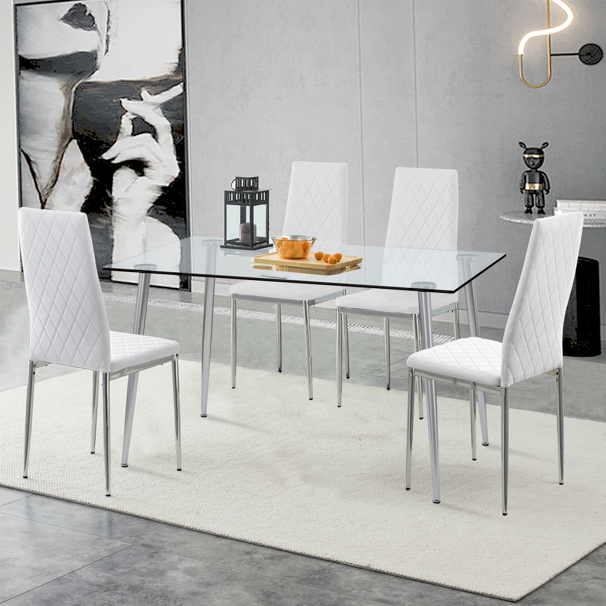 Grid Armless High Backrest Dining Chair, 8 Piece Set Of Silver Metal Legs White Chair, Office Chair. Suitable For Restaurants, Living Rooms, Kitchens, And Offices. 0924 White Pu