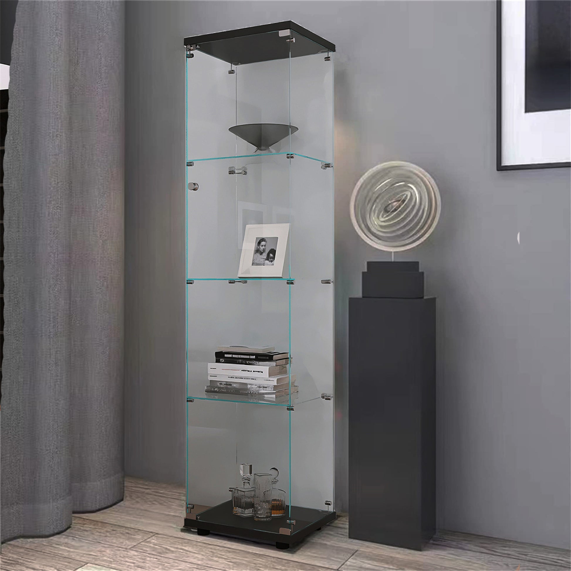 4 Shelves Glass Cabinet Glass Display Cabinet With One Door, Black Black Glass