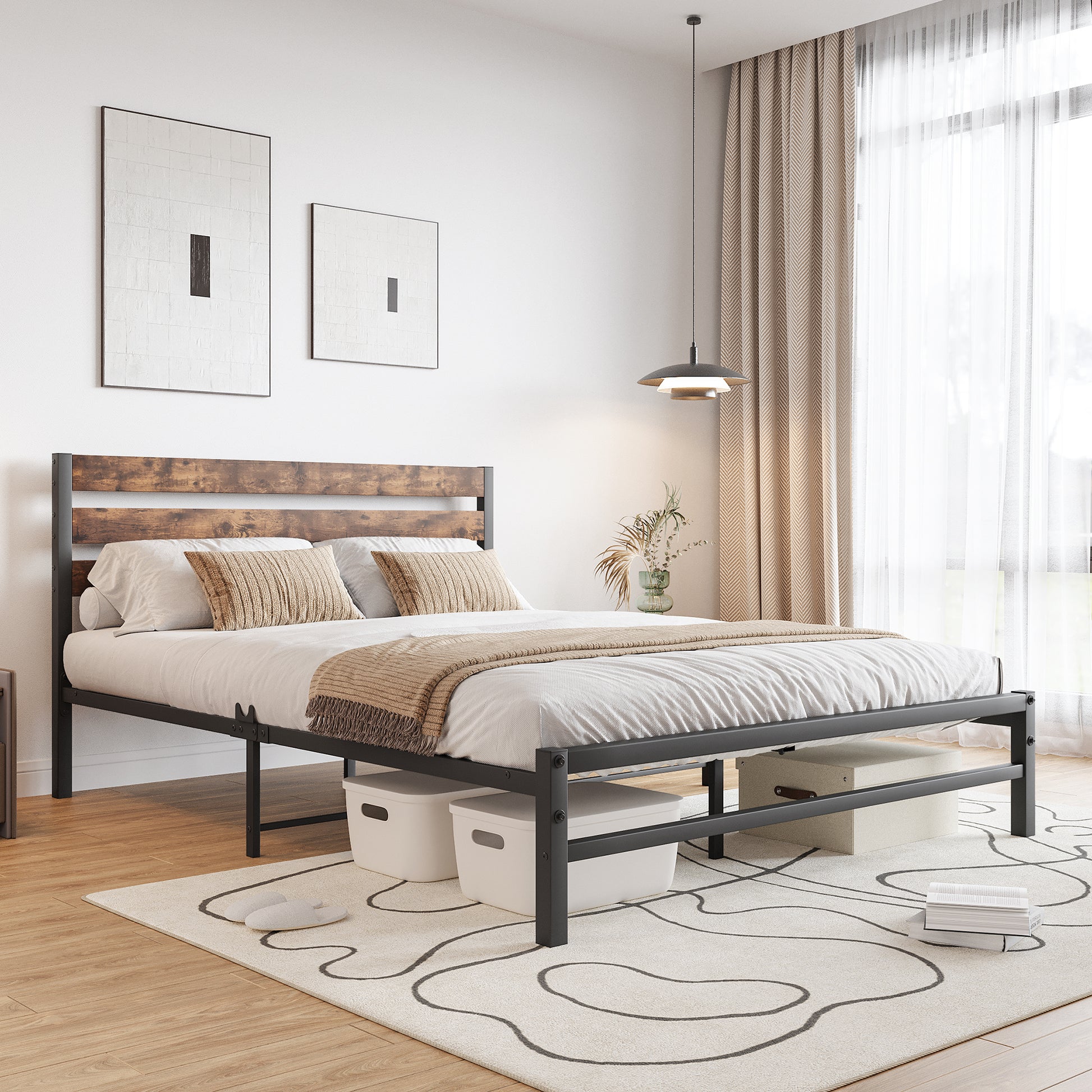 Queen Size Platform Bed Frame With Rustic Vintage Wood Headboard, Strong Metal Slats Support Mattress Foundation, No Box Spring Needed Rustic Brown Box Spring Not Required Queen Black Metal Brown Bedroom Bed Frame Metal & Wood
