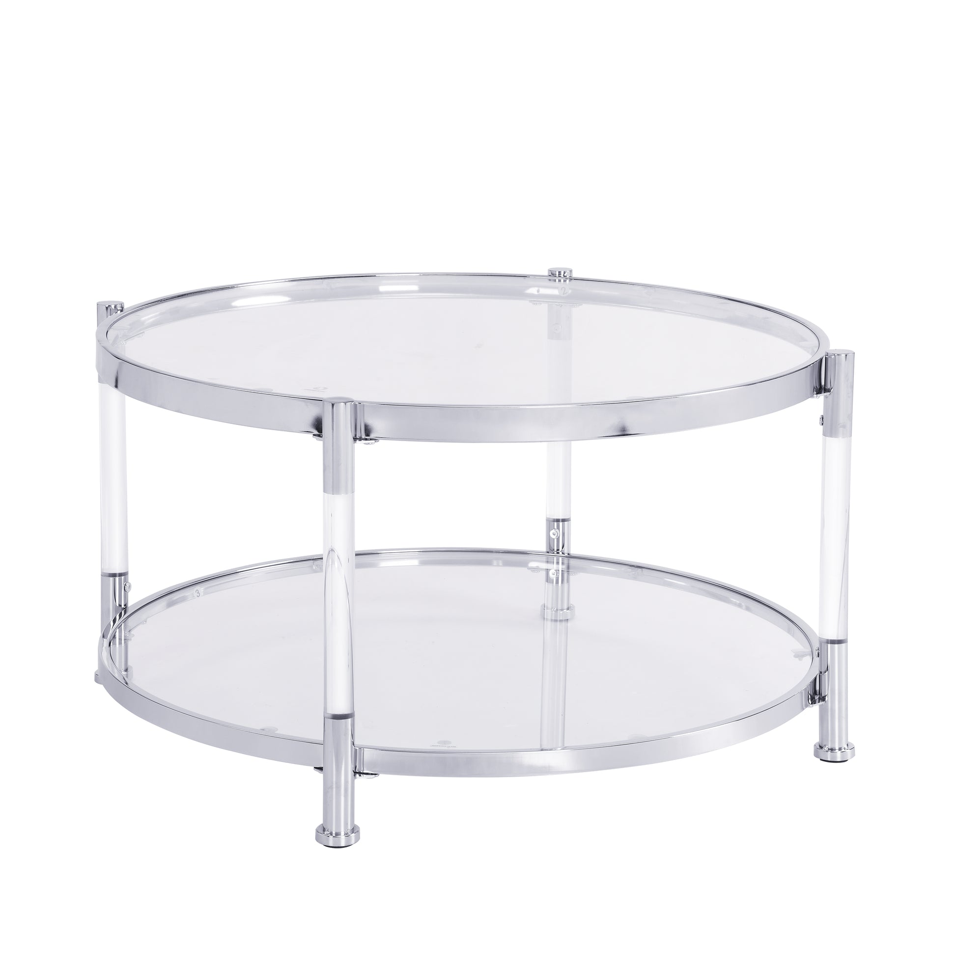 W82153572 Contemporary Acrylic Coffee Table, 32.3'' Round Tempered Glass Coffee Table, Chrome Silver Coffee Table For Living Room Chrome Glass Iron