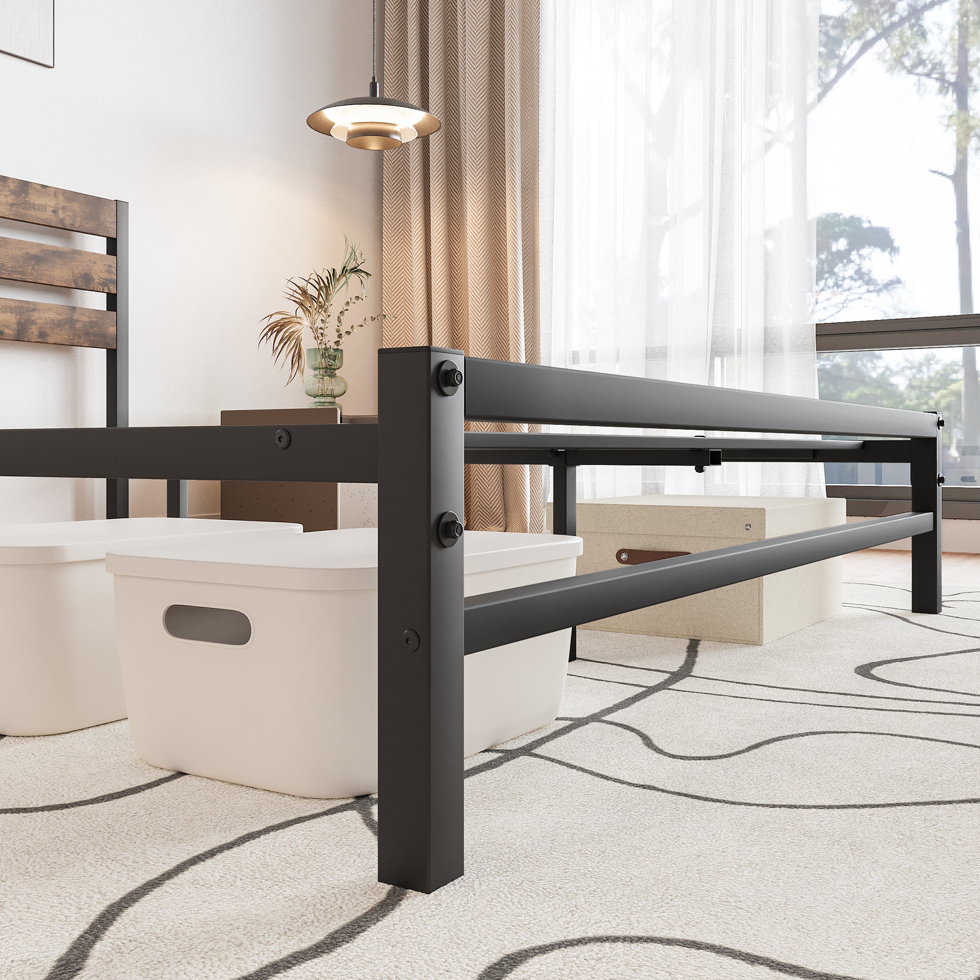 Queen Size Platform Bed Frame With Rustic Vintage Wood Headboard, Strong Metal Slats Support Mattress Foundation, No Box Spring Needed Rustic Brown Box Spring Not Required Queen Black Metal Brown Bedroom Bed Frame Metal & Wood