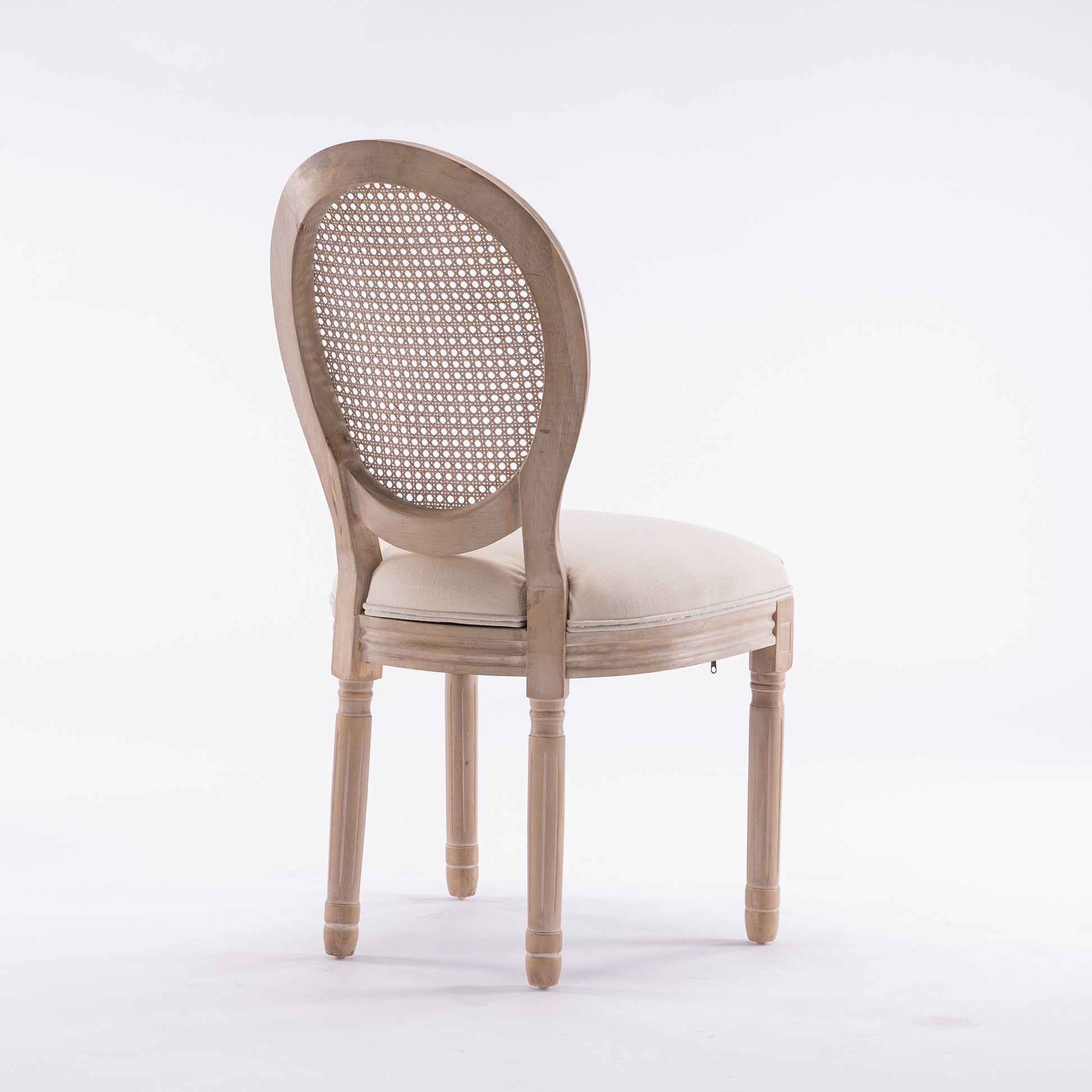 French Style Solid Wood Frame Linen Fabric Rattan Back Dining Chair,Set Of 2,Cream Beige Foam Foam