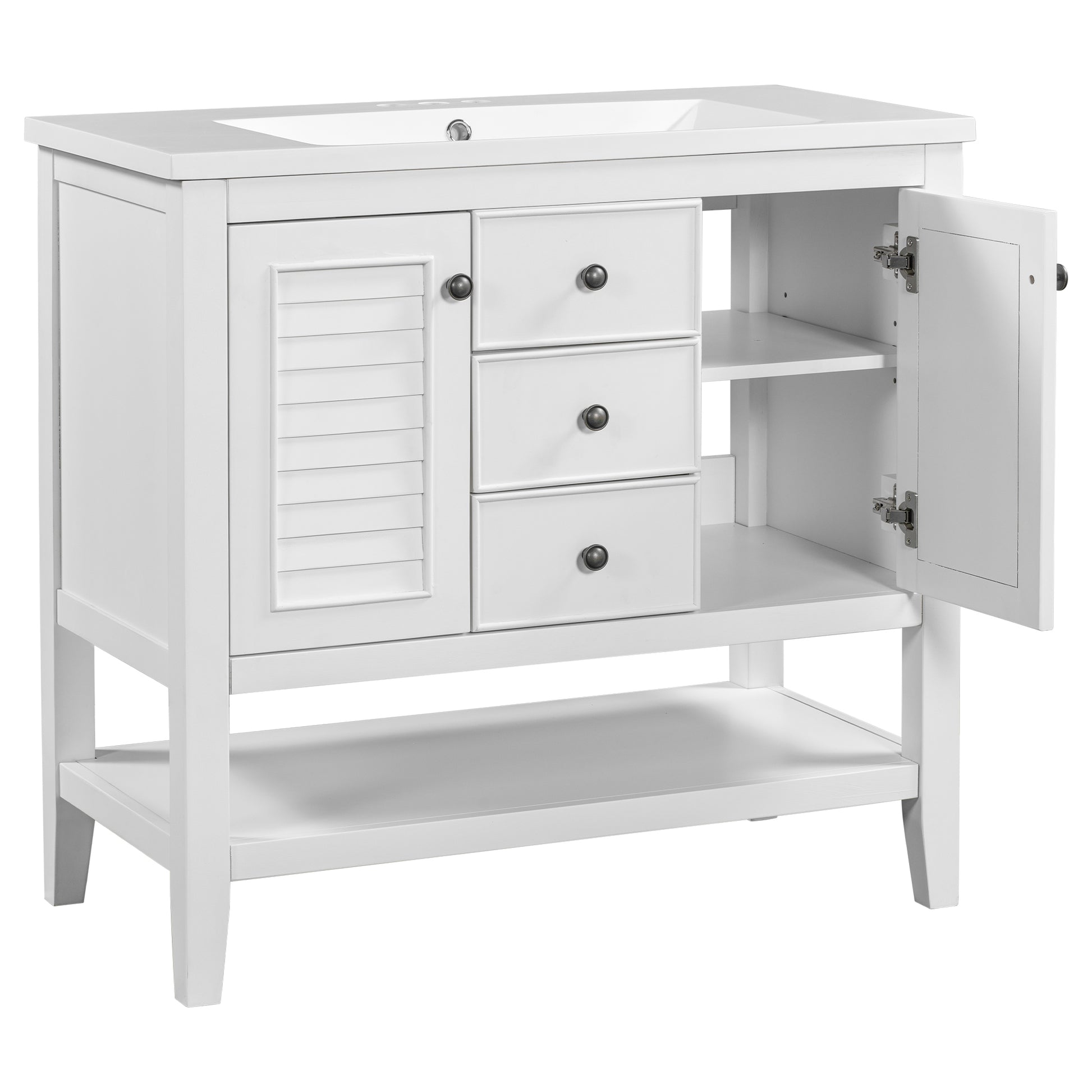 36" Bathroom Vanity With Ceramic Basin, Two Cabinets And Drawers, Open Shelf, Solid Wood Frame, White Old Sku: Sy999101Aak White Solid Wood Mdf