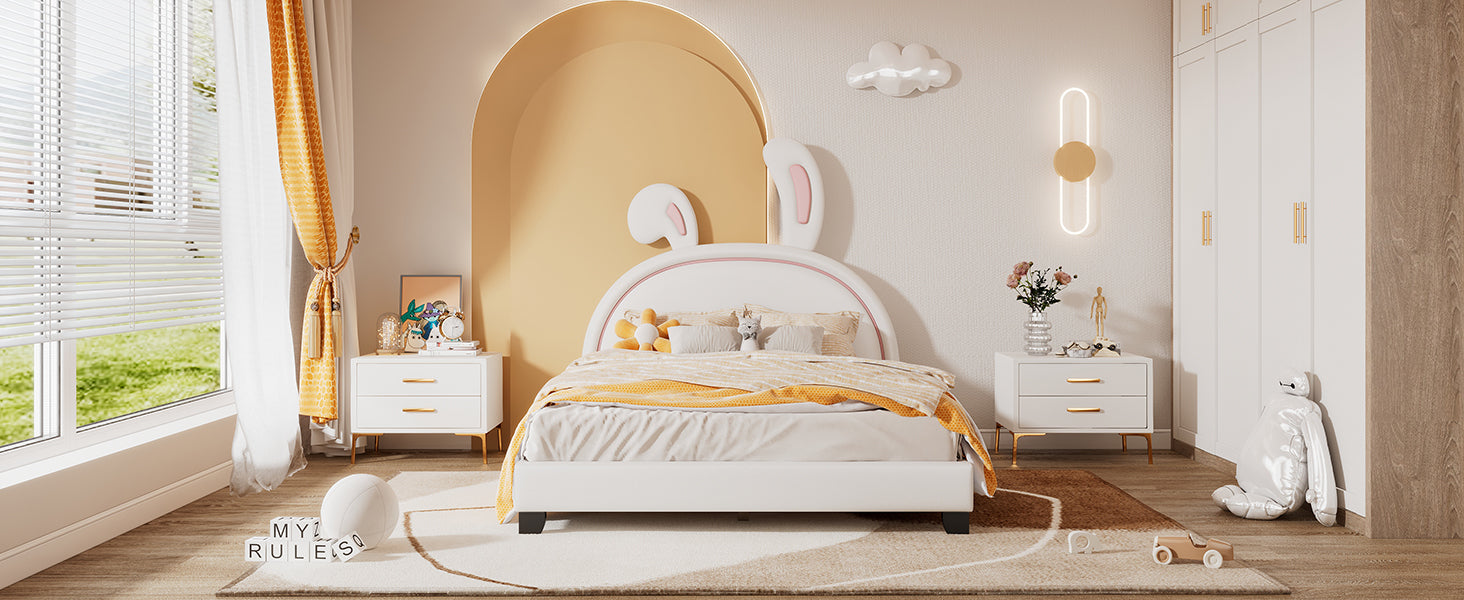 Full Size Upholstered Leather Platform Bed With Rabbit Ornament, White White Pu Leather
