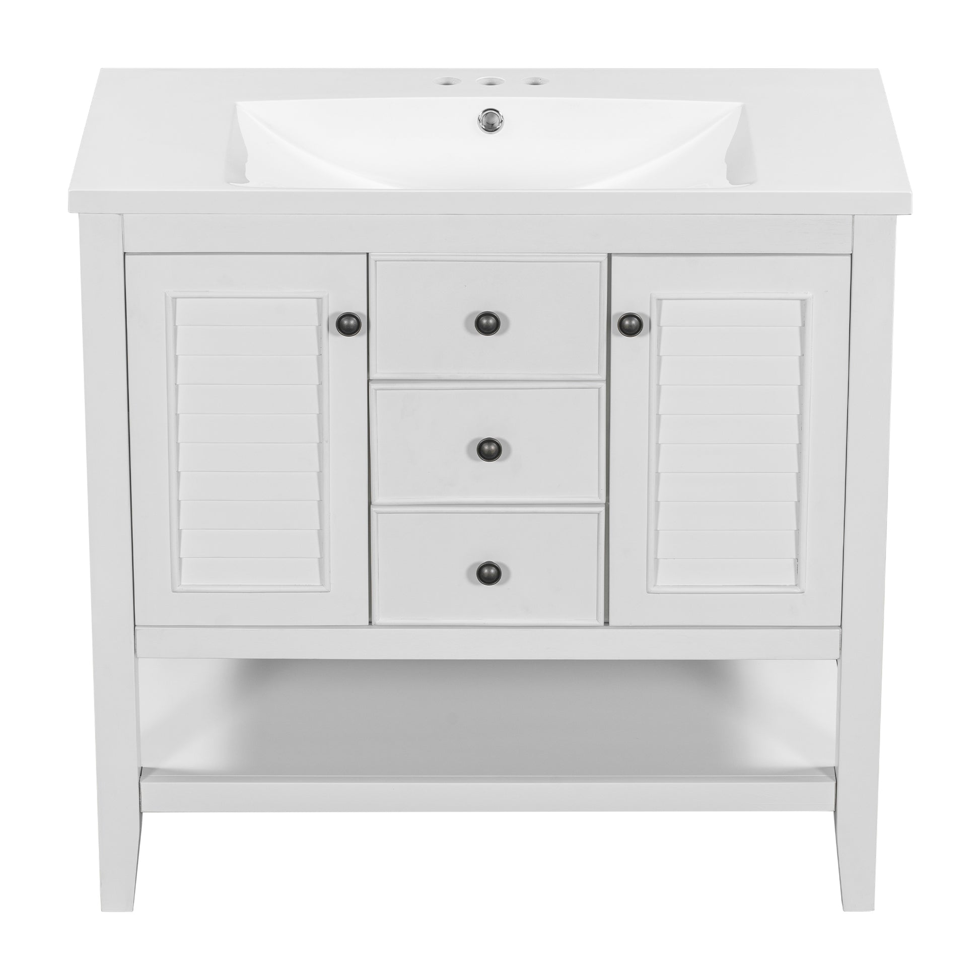 36" Bathroom Vanity With Ceramic Basin, Two Cabinets And Drawers, Open Shelf, Solid Wood Frame, White Old Sku: Sy999101Aak White Solid Wood Mdf