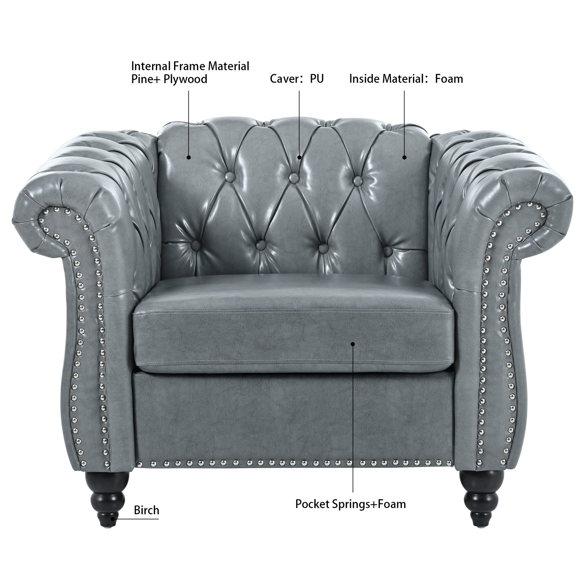 1 Seater Sofa For Living Room Gray Pu