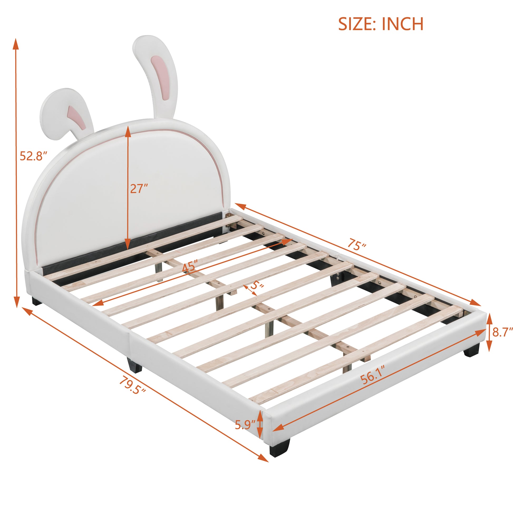 Full Size Upholstered Leather Platform Bed With Rabbit Ornament, White White Pu Leather