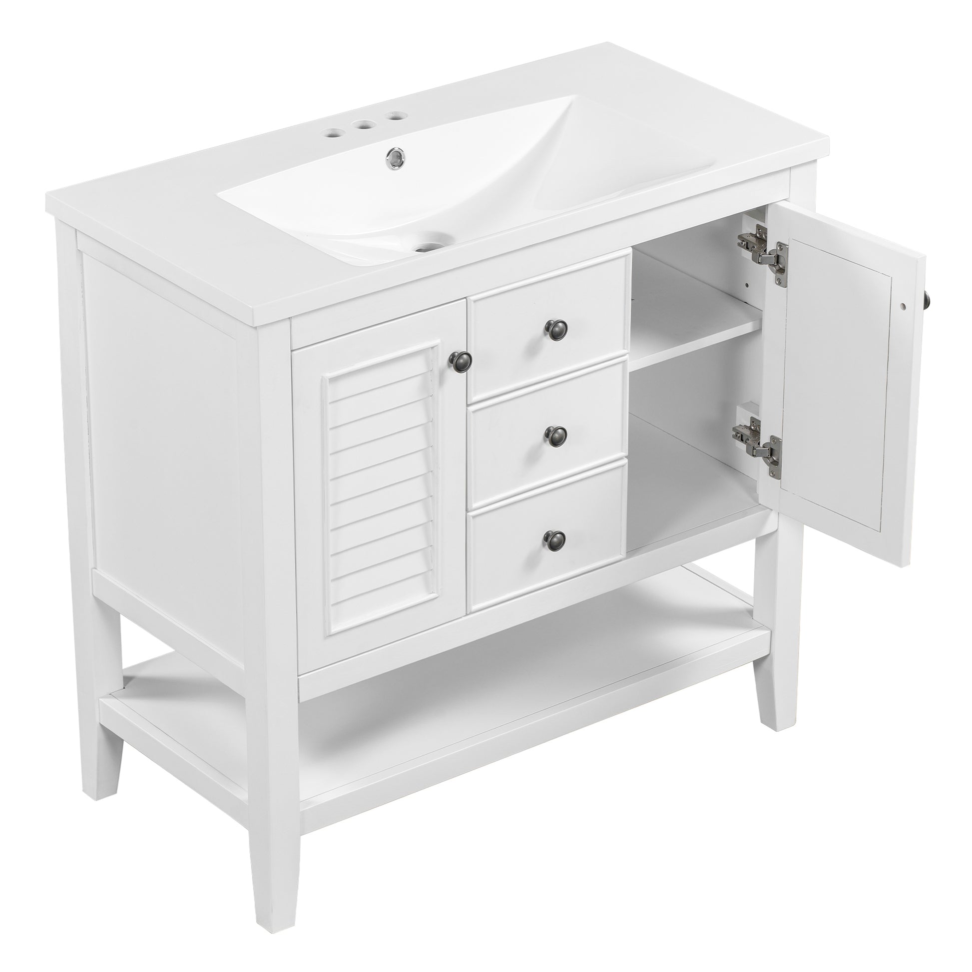 36" Bathroom Vanity With Ceramic Basin, Two Cabinets And Drawers, Open Shelf, Solid Wood Frame, White Old Sku: Sy999101Aak White Solid Wood Mdf