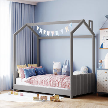 Twin Size Velvet House Bed Wood Bed, Gray Gray Velvet