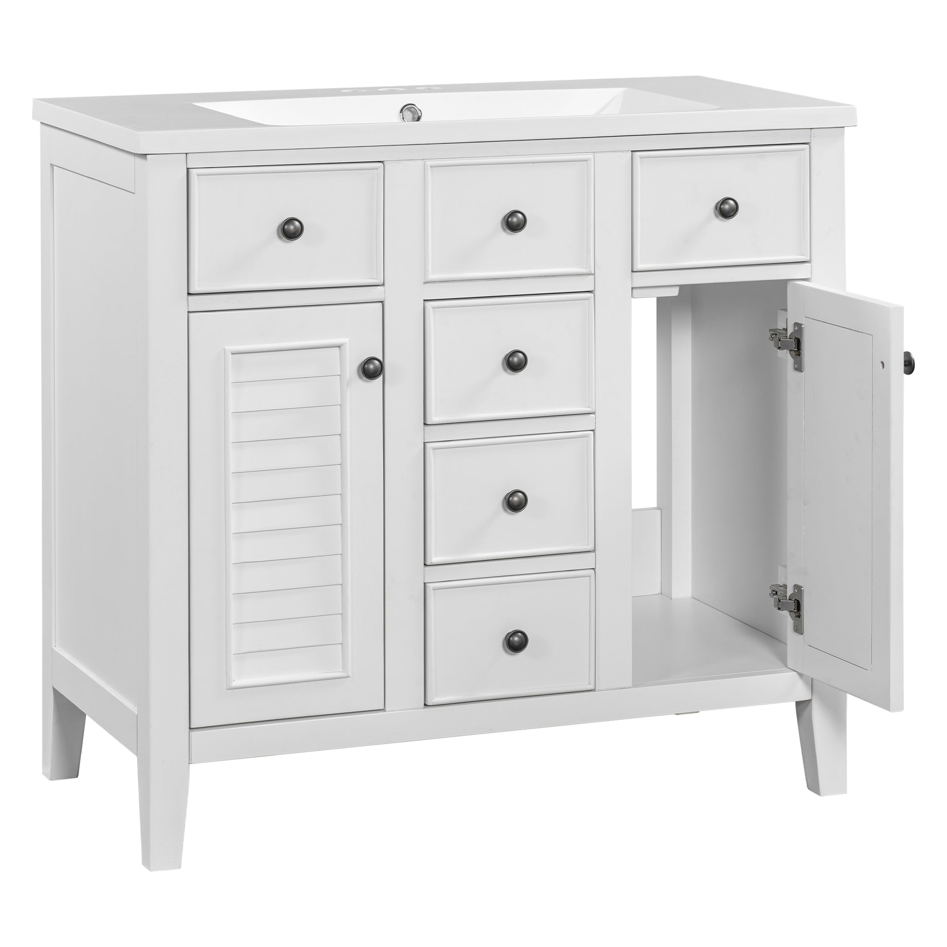 36" Bathroom Vanity With Ceramic Basin, Two Cabinets And Five Drawers, Solid Wood Frame, White Old Sku: Sy999202Aak White Solid Wood Mdf