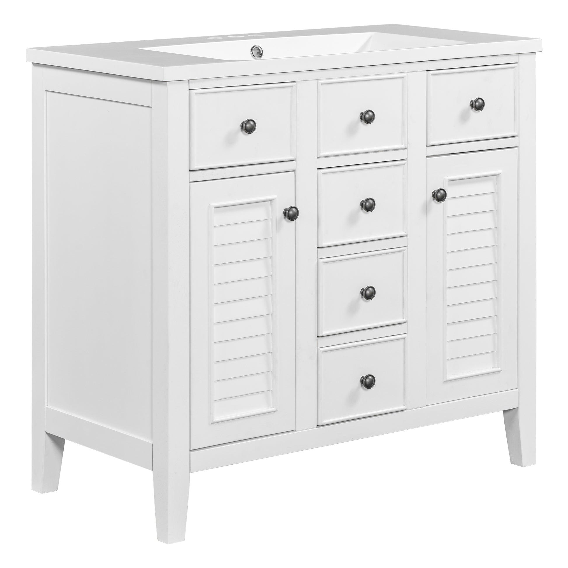 36" Bathroom Vanity With Ceramic Basin, Two Cabinets And Five Drawers, Solid Wood Frame, White Old Sku: Sy999202Aak White Solid Wood Mdf