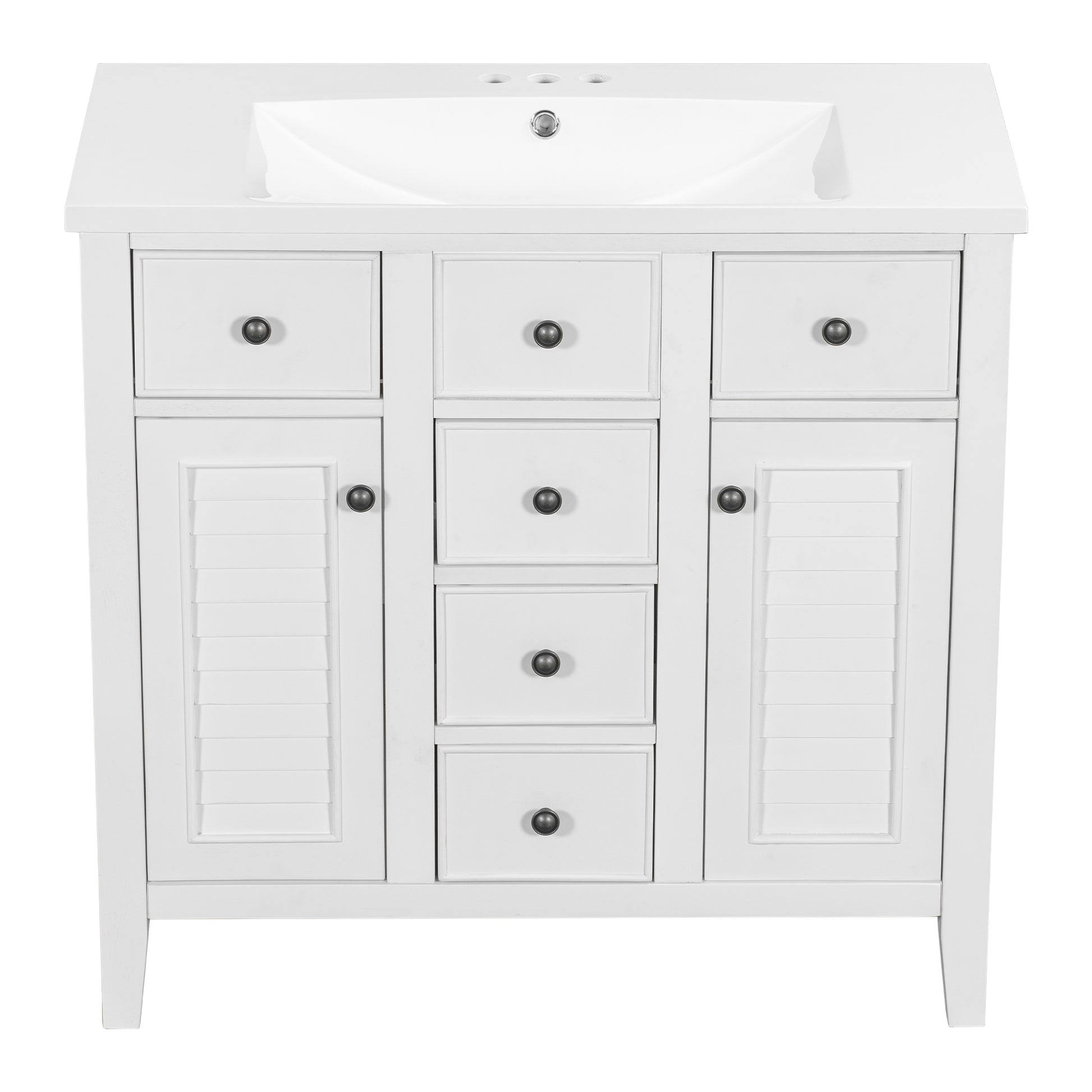 36" Bathroom Vanity With Ceramic Basin, Two Cabinets And Five Drawers, Solid Wood Frame, White Old Sku: Sy999202Aak White Solid Wood Mdf