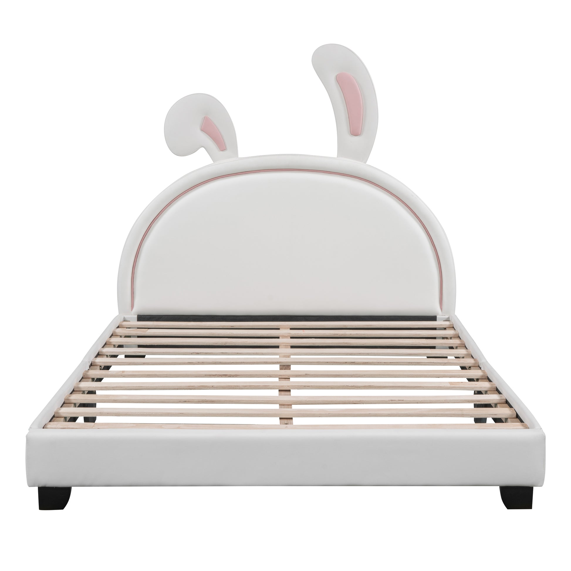 Full Size Upholstered Leather Platform Bed With Rabbit Ornament, White White Pu Leather