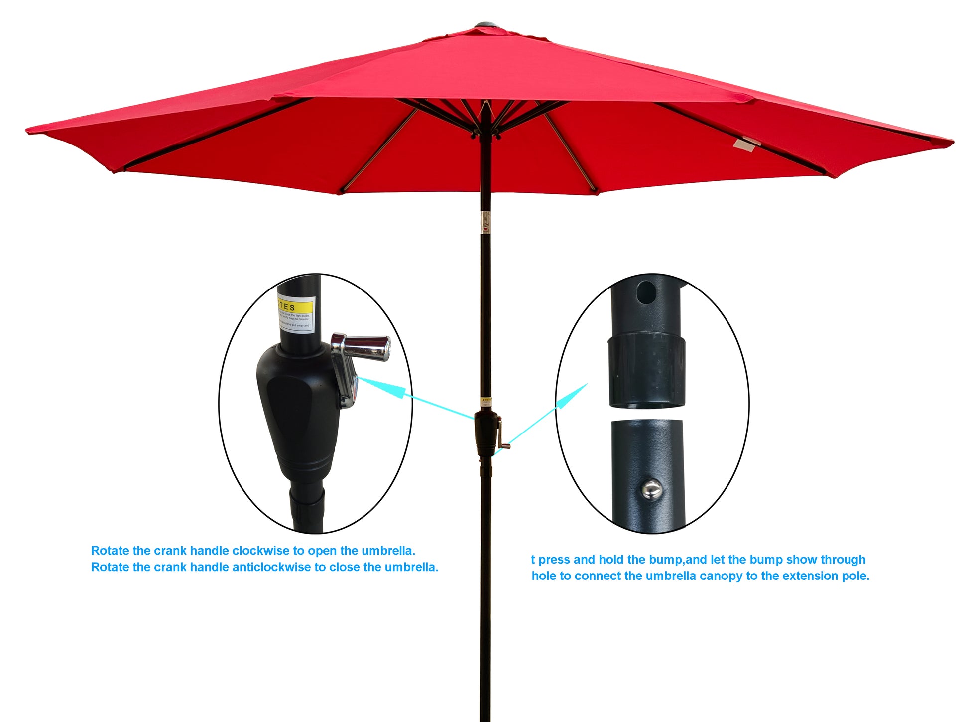 Outdoor Patio Umbrella 10Ft 3M Without Flap ,8Pcs Ribs,With Tilt ,With Crank,Without Base, Red,Pole Size 38Mm 1.49Inch Red Steel