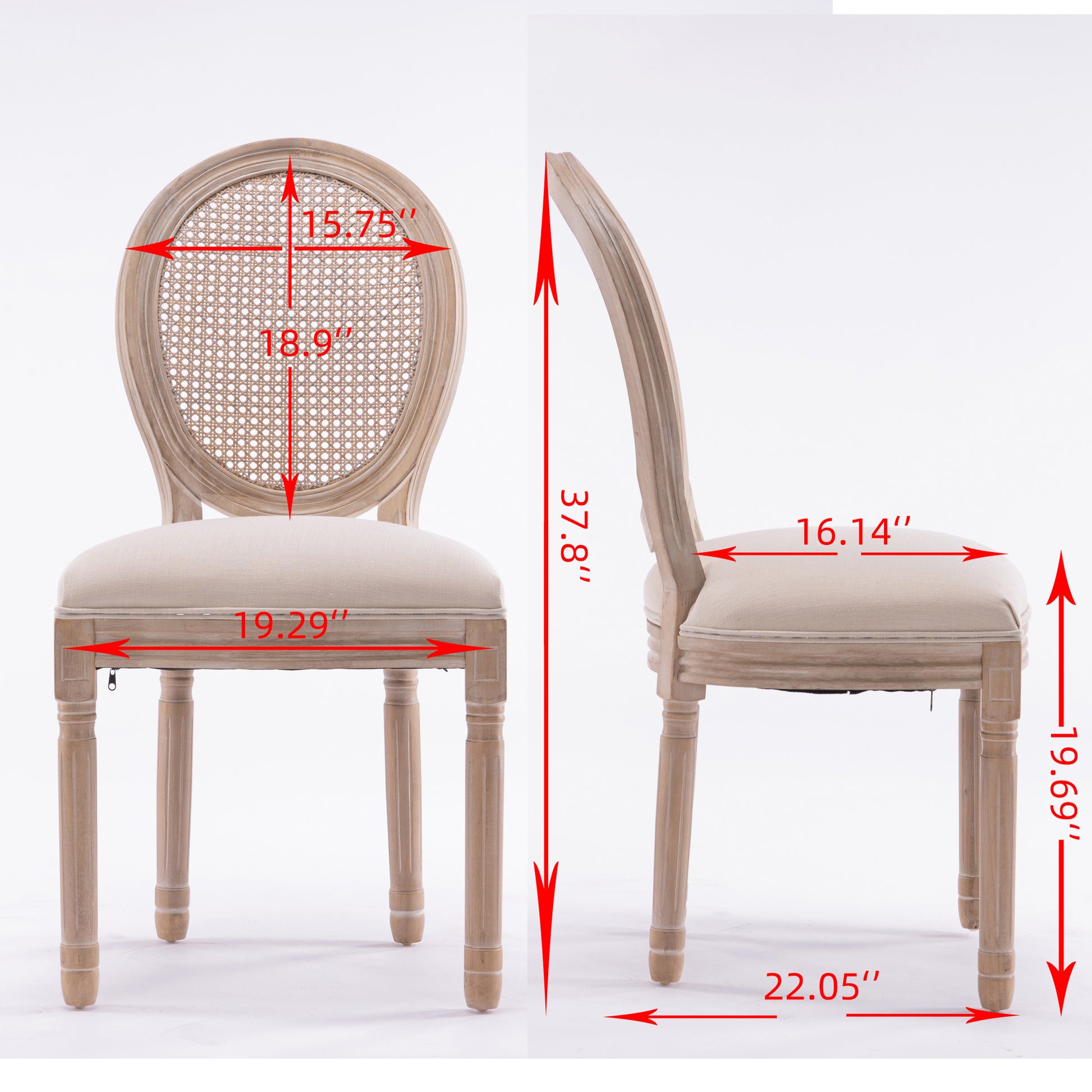 French Style Solid Wood Frame Linen Fabric Rattan Back Dining Chair,Set Of 2,Cream Beige Foam Foam