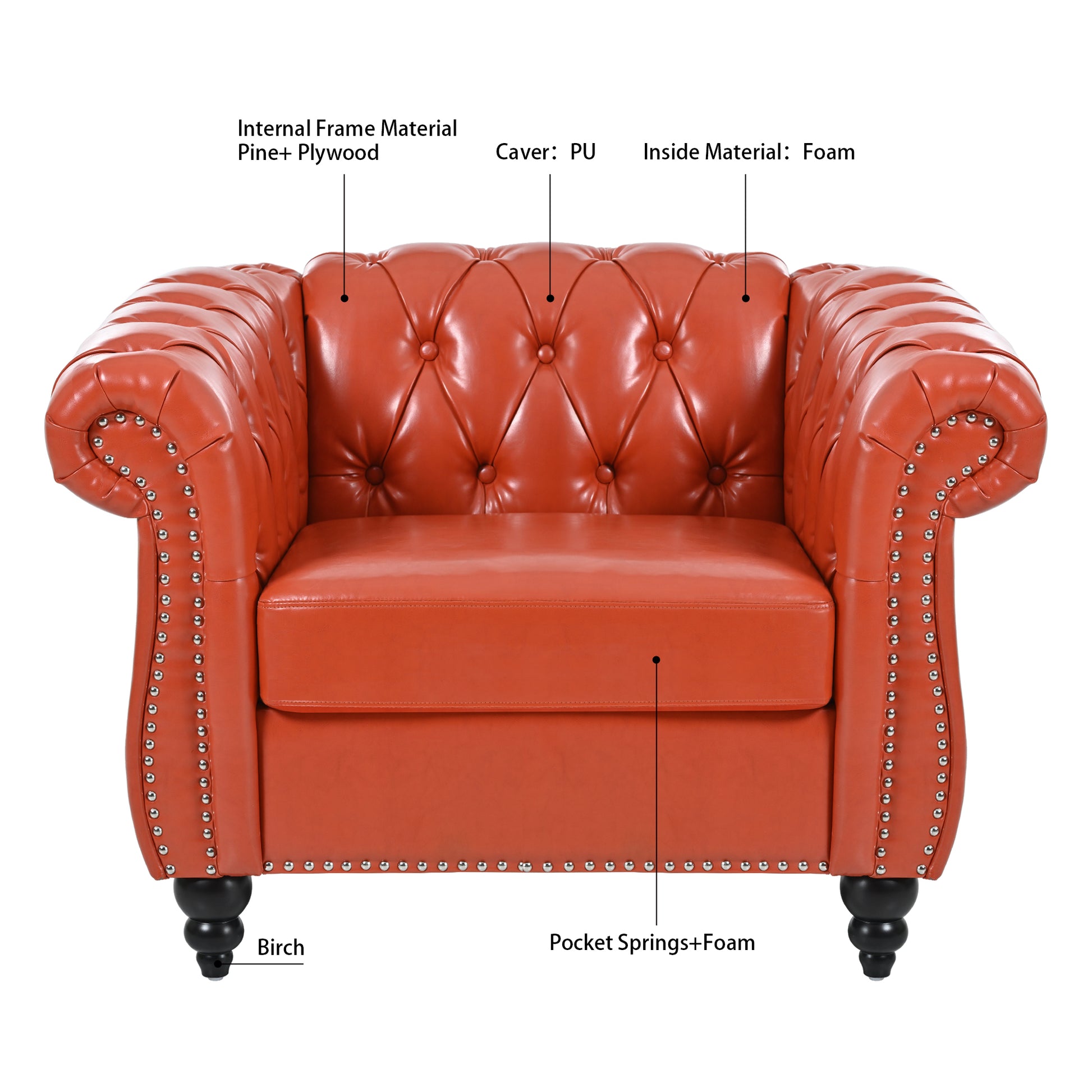 1 Seater Sofa For Living Room Orange Pu