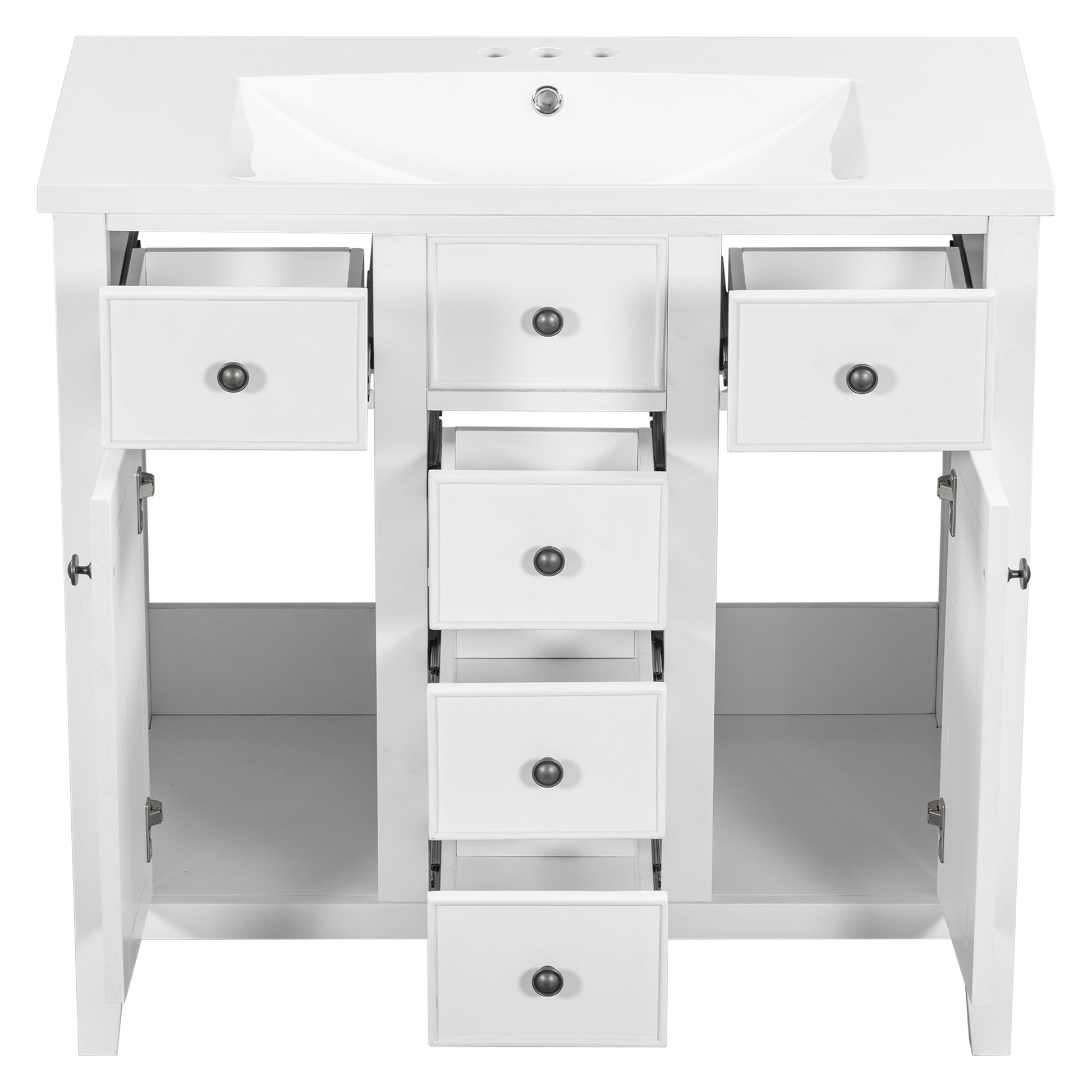 36" Bathroom Vanity With Ceramic Basin, Two Cabinets And Five Drawers, Solid Wood Frame, White Old Sku: Sy999202Aak White Solid Wood Mdf