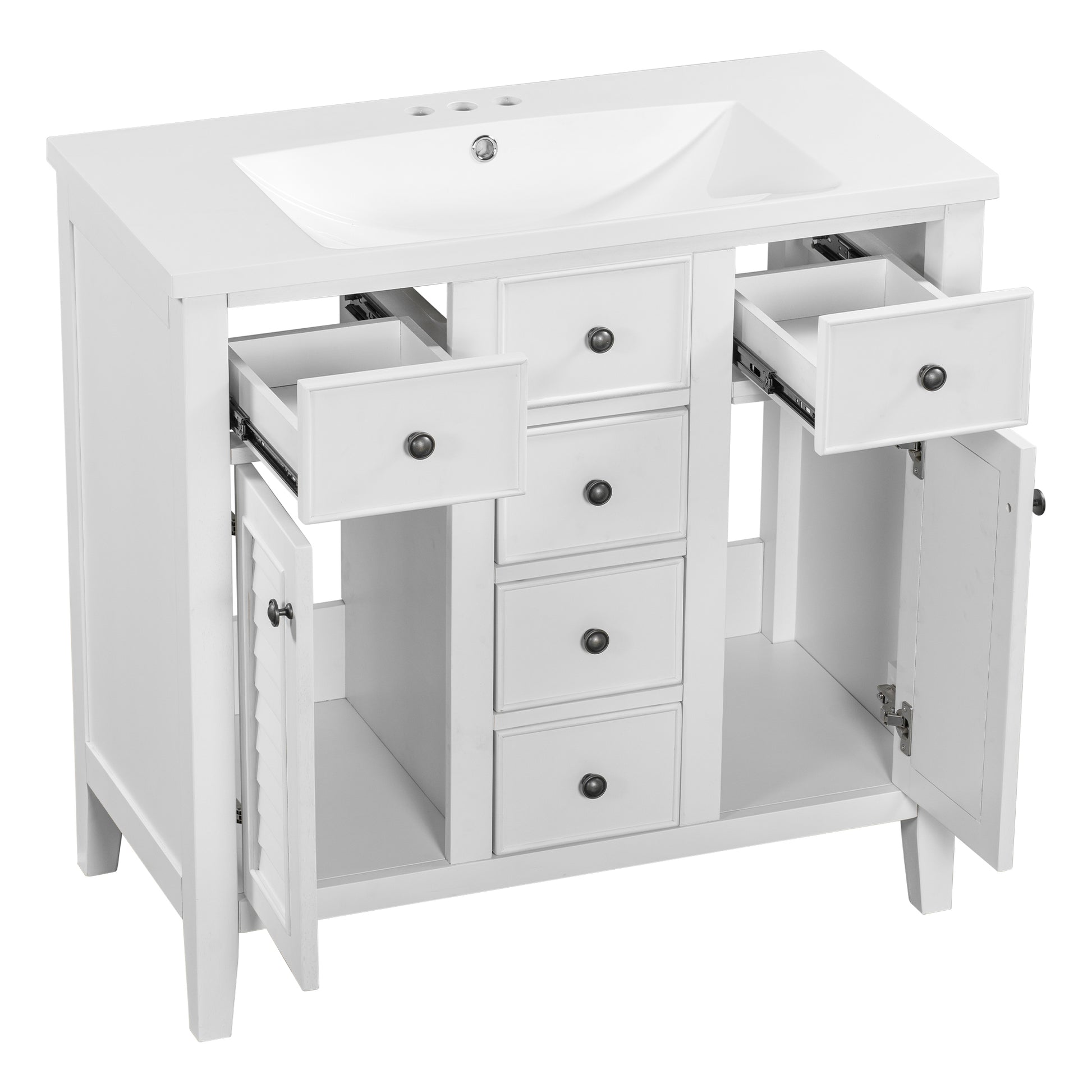 36" Bathroom Vanity With Ceramic Basin, Two Cabinets And Five Drawers, Solid Wood Frame, White Old Sku: Sy999202Aak White Solid Wood Mdf