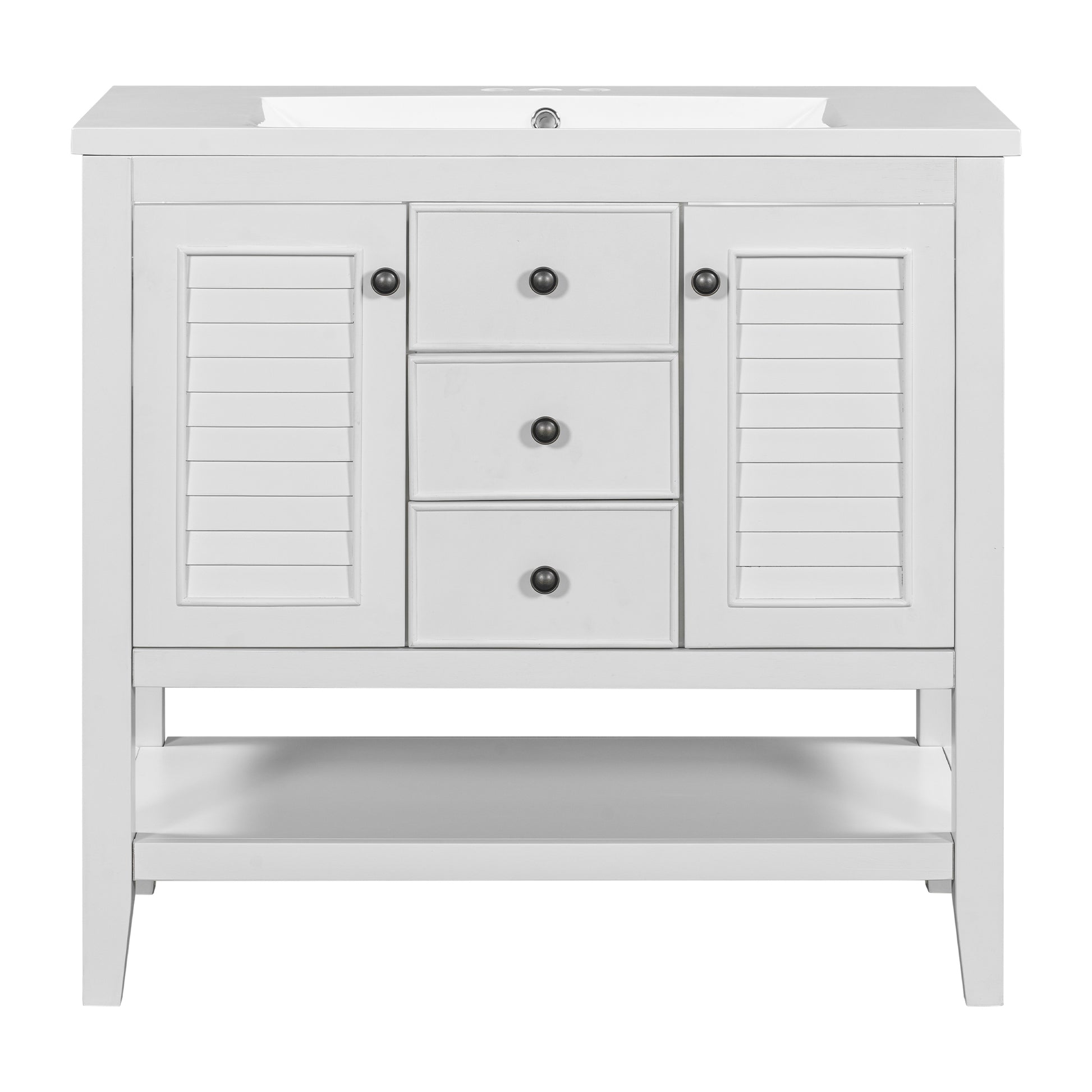 36" Bathroom Vanity With Ceramic Basin, Two Cabinets And Drawers, Open Shelf, Solid Wood Frame, White Old Sku: Sy999101Aak White Solid Wood Mdf