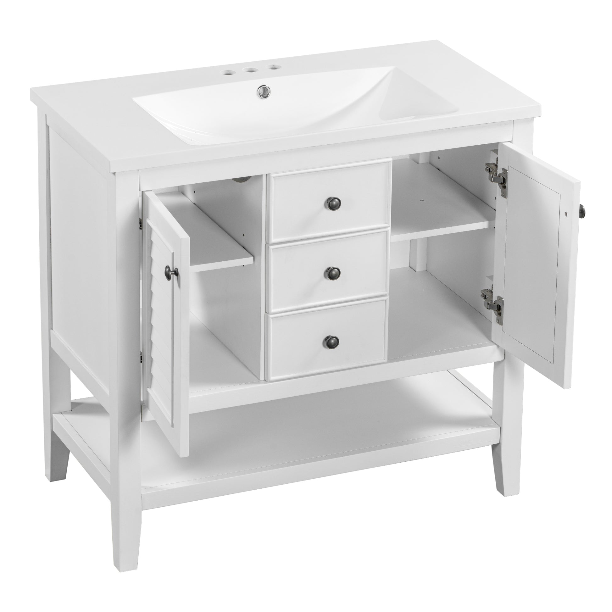 36" Bathroom Vanity With Ceramic Basin, Two Cabinets And Drawers, Open Shelf, Solid Wood Frame, White Old Sku: Sy999101Aak White Solid Wood Mdf