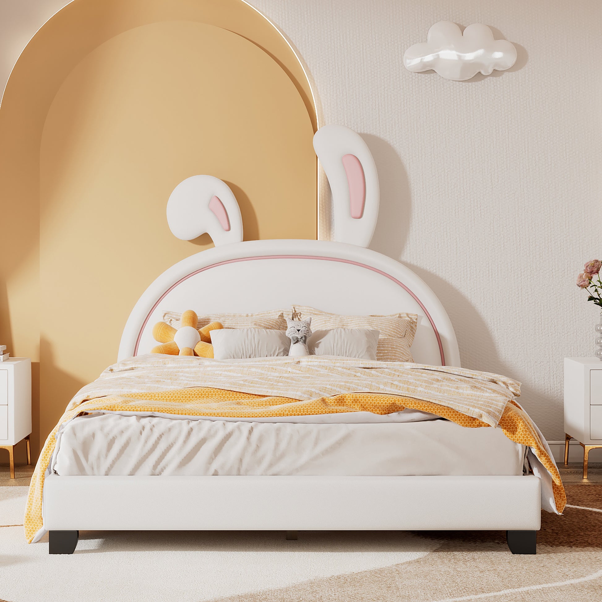 Full Size Upholstered Leather Platform Bed With Rabbit Ornament, White White Pu Leather