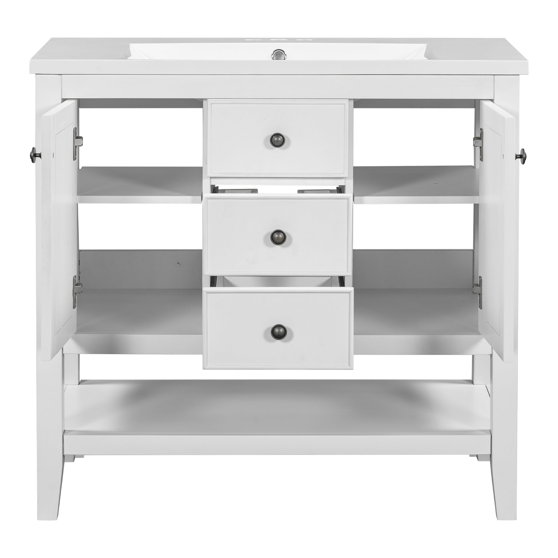 36" Bathroom Vanity With Ceramic Basin, Two Cabinets And Drawers, Open Shelf, Solid Wood Frame, White Old Sku: Sy999101Aak White Solid Wood Mdf