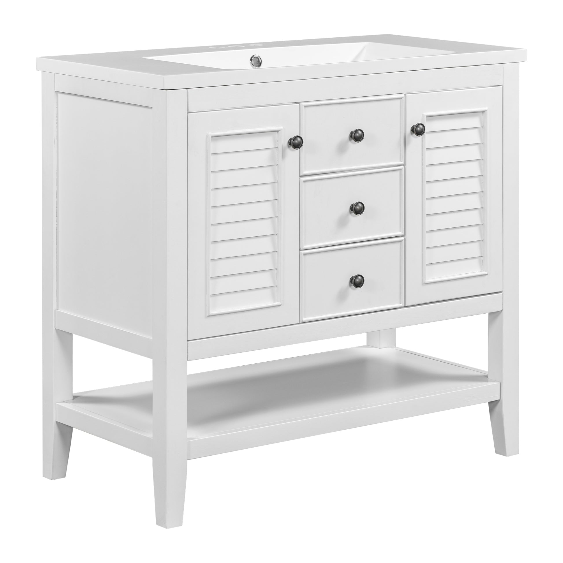 36" Bathroom Vanity With Ceramic Basin, Two Cabinets And Drawers, Open Shelf, Solid Wood Frame, White Old Sku: Sy999101Aak White Solid Wood Mdf