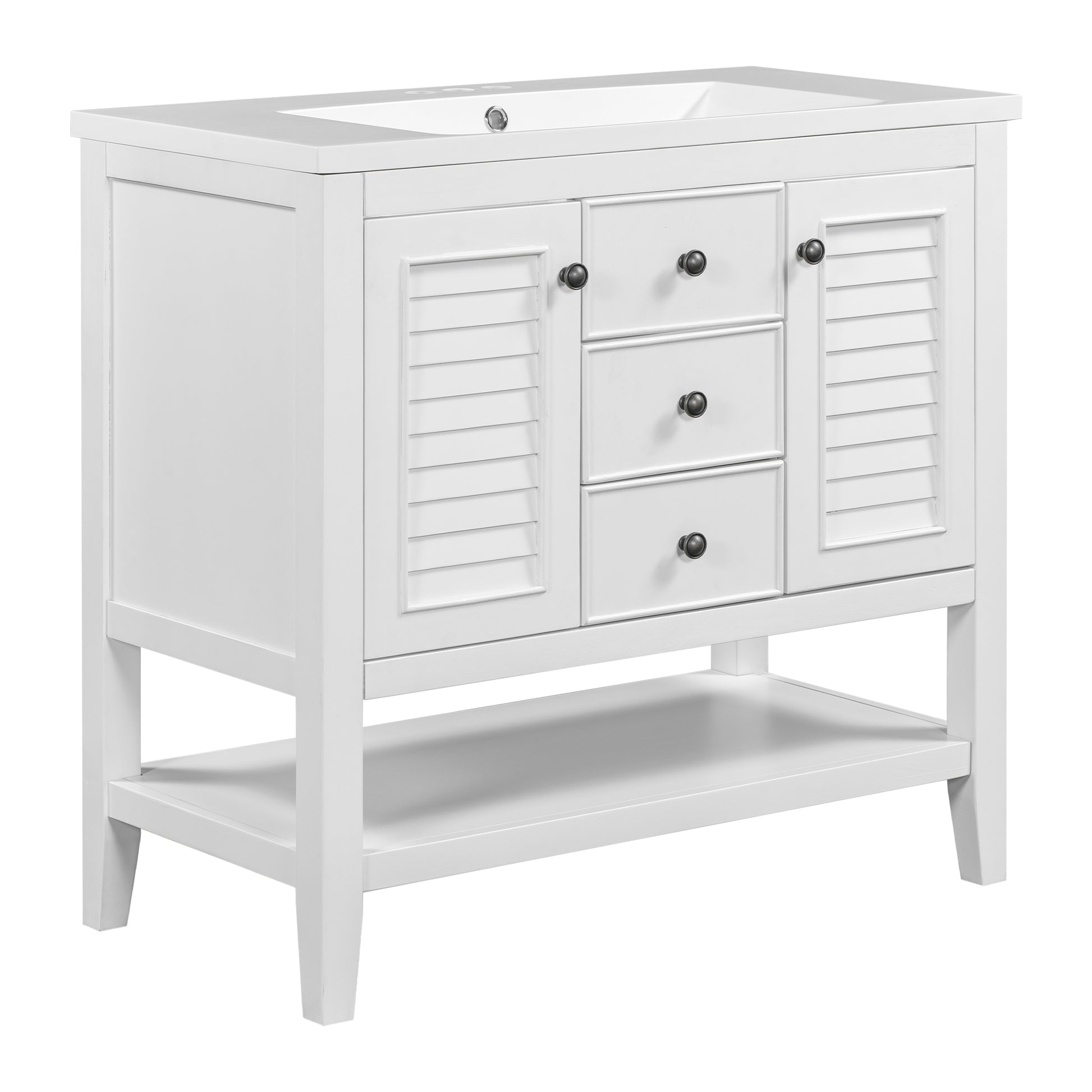 36" Bathroom Vanity With Ceramic Basin, Two Cabinets And Drawers, Open Shelf, Solid Wood Frame, White Old Sku: Sy999101Aak 1 White Solid Wood Mdf